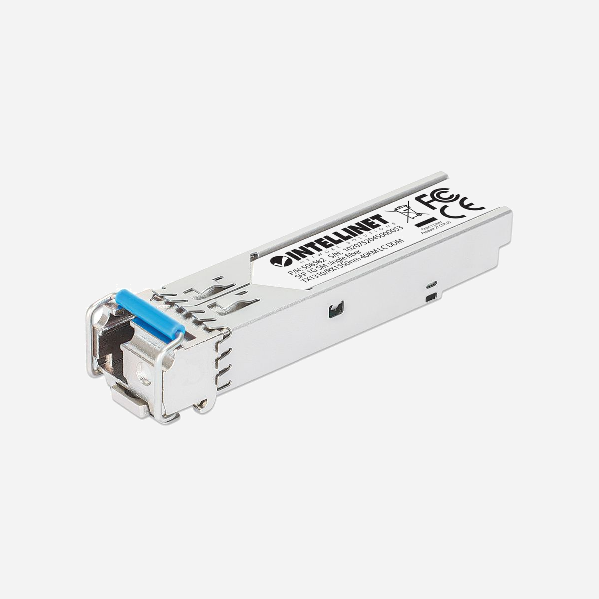 Intellinet 508582 Module SFP Fibre Optique 1000BASE-BX-U Monomode 1310/1550nm 40km Connecteur LC, DDM, Boîtier Métal, MSA Compliant - Intellinet 508582. Type d'émetteur-récepteur SFP: Fibre optique, Débit de transfert des données maximum: 1000 Mbit/s, Type d'interface: SFP. Couleur du produit: Argent, Matériau du boîtier/corps: Métal, Compatibilité de marque: MSA Compliant. Tension maximum: 3,3 V, Consommation électrique typique: 1 W. Certificats de conformité: CE, Federal Communications Commission (FCC), Loi d'autorisation de la défense nationale(NDAA),.... Largeur: 14 mm, Profondeur: 57 mm, Hauteur: 12 mm