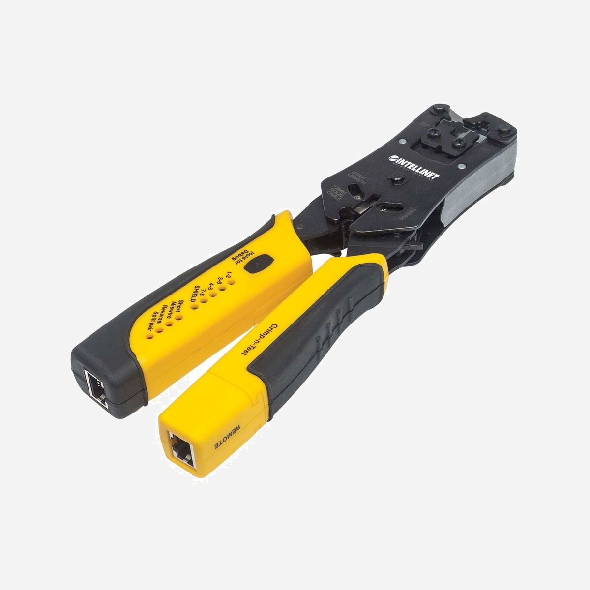 Intellinet 780124 Pince à Sertir RJ-11/RJ-12/RJ-22/RJ-45, Dimensions 220 x 80 x 25 mm, Noir/Jaune, Poids 513g, Quantité 1 pièce - Intellinet 780124. Largeur: 80 mm, Longueur du produit: 220 mm, Hauteur: 25 mm. Quantité: 1 pièce(s)