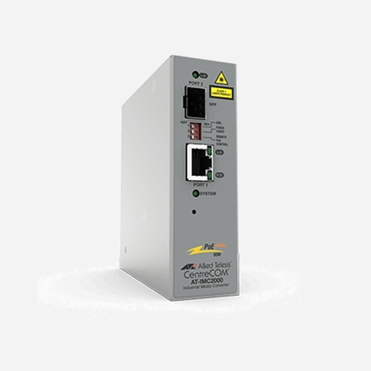 Allied Telesis AT-IMC2000TP/SP-980 Convertisseur Média 10/100/1000Base-T vers 100/1000Base-X SFP 850nm, PoE+, IP30, Température -40°C à 75°C - Allied Telesis AT-IMC2000TP/SP-980. Débit de transfert des données maximum: 1000 Mbit/s, Convertisseur d'interface d'entrée: 10Base-T, 100Base-T, 1000Base-T, Interface de sortie du convertisseur: 100Base-X, 1000Base-X. Longueur d'onde: 850 nm, pouvoir Tx (min): -9,5 dBmW, pouvoir Tx (max): -4 dBmW. Couleur du produit: Gris, Code (IP) Internationale Protection: IP30. Connecteur de fibre optique: SFP, Technologie de connectivité: Avec fil. Tension d'entrée: 51 - 57 V