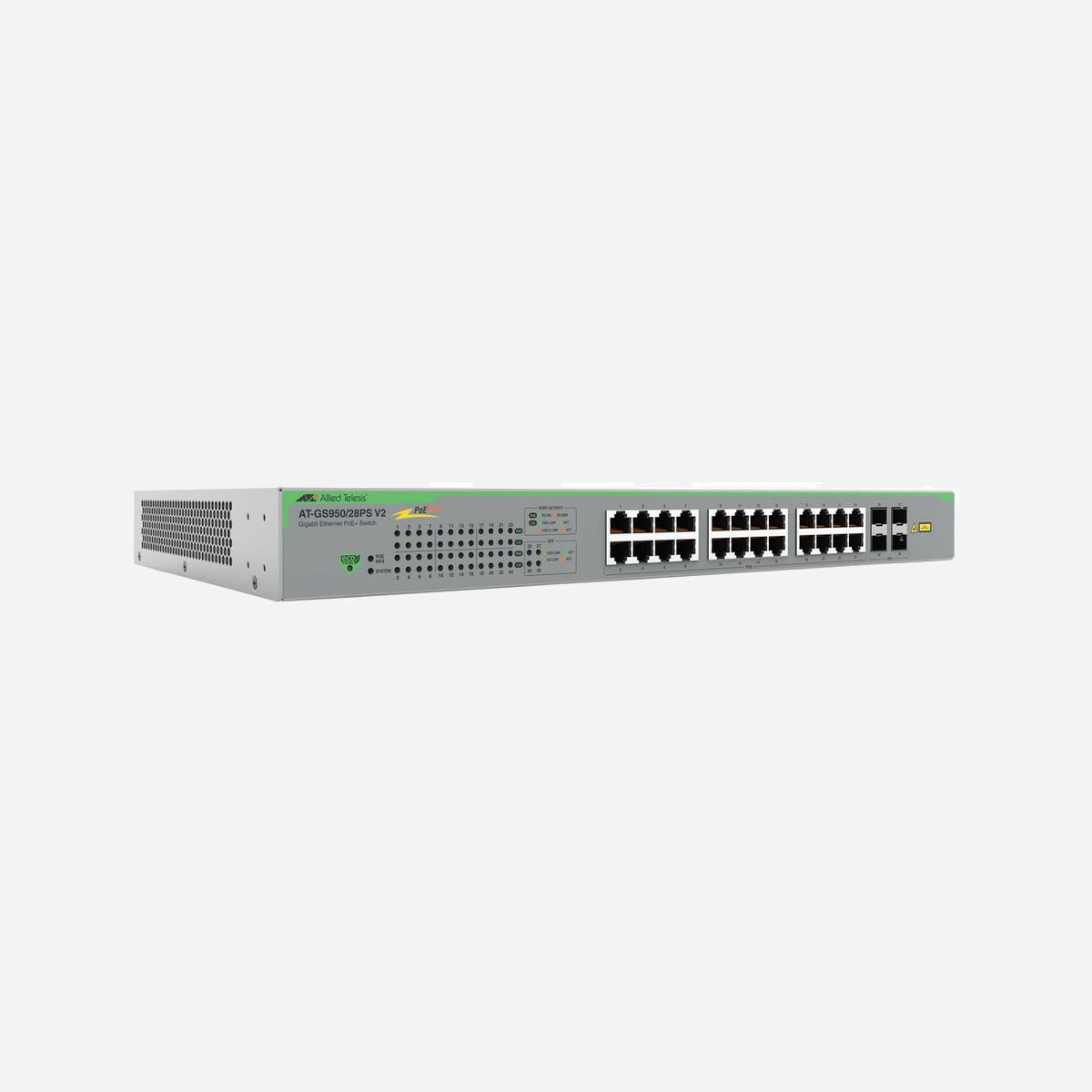 Allied Telesis AT-GS950/28PSV2-50 : Switch Gigabit Ethernet Non-géré 24 PoE RJ45 + 4 SFP, Montage en Rack, Budget PoE 185W - Allied Telesis AT-GS950/28PSV2-50. Type de commutateur: Non-géré. Type de port Ethernet RJ-45 de commutation de base: Gigabit Ethernet (10/100/1000), Quantité de ports Ethernet RJ-45 de commutation de base: 24. Connexion Ethernet, supportant l'alimentation via ce port (PoE). Grille de montage