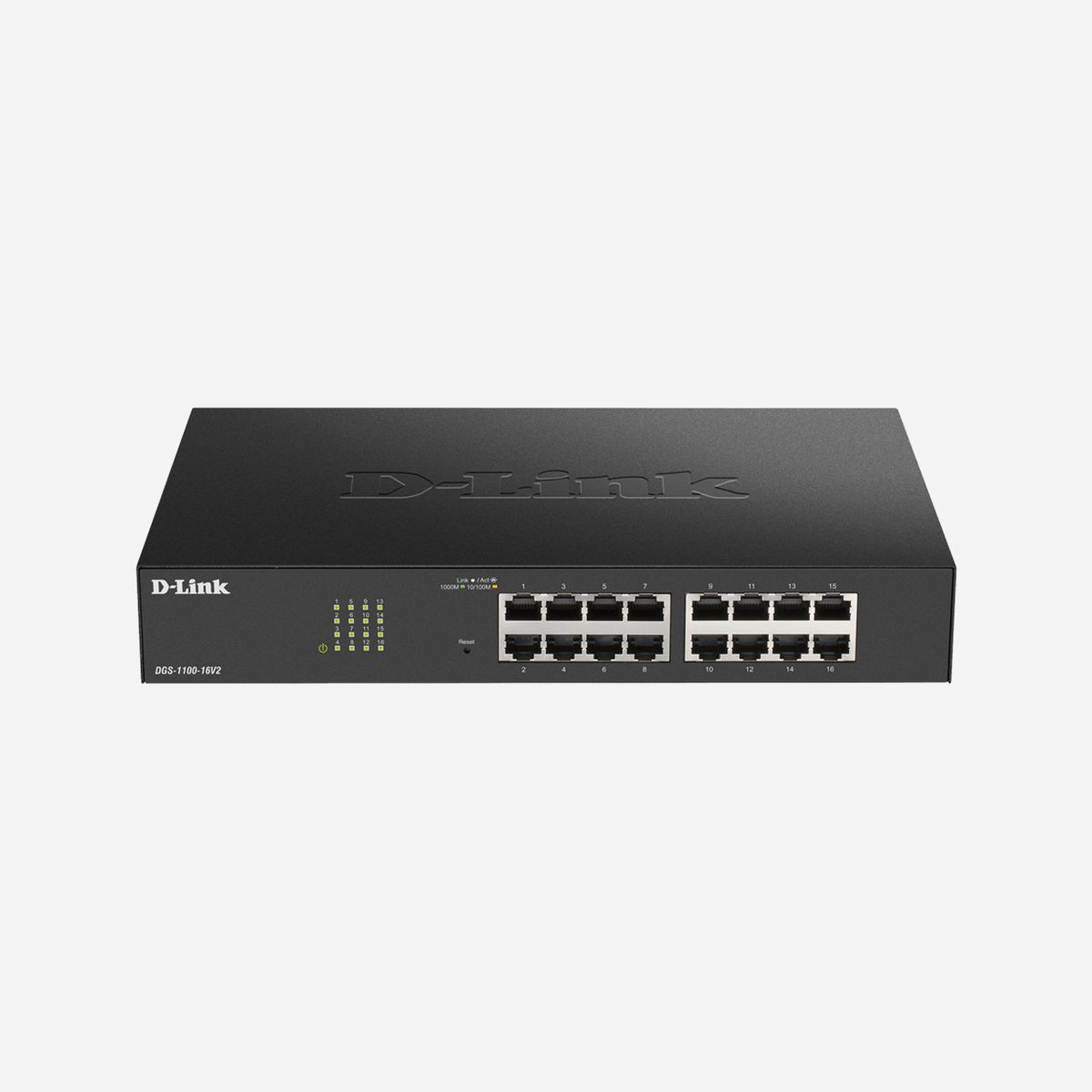 D-Link DGS-1100-16V2 Commutateur Géré L2 Gigabit Ethernet 16 ports RJ-45, 32 Gbit/s, QoS, VLAN, Spanning Tree, 8000 MAC, 9216 Jumbo Frames, Web, Noir - D-Link DGS-1100-16V2. Type de commutateur: Géré, Banc de commutateurs: L2. Type de port Ethernet RJ-45 de commutation de base: Gigabit Ethernet (10/100/1000), Quantité de ports Ethernet RJ-45 de commutation de base: 16. Full duplex. Répertoire MAC: 8000 entrées, Capacité de commutation: 32 Gbit/s. Standards réseau: IEEE 802.1AX, IEEE 802.1D, IEEE 802.1Q, IEEE 802.1p, IEEE 802.1w, IEEE 802.3, IEEE 802.3ab, IEEE.... Grille de montage
