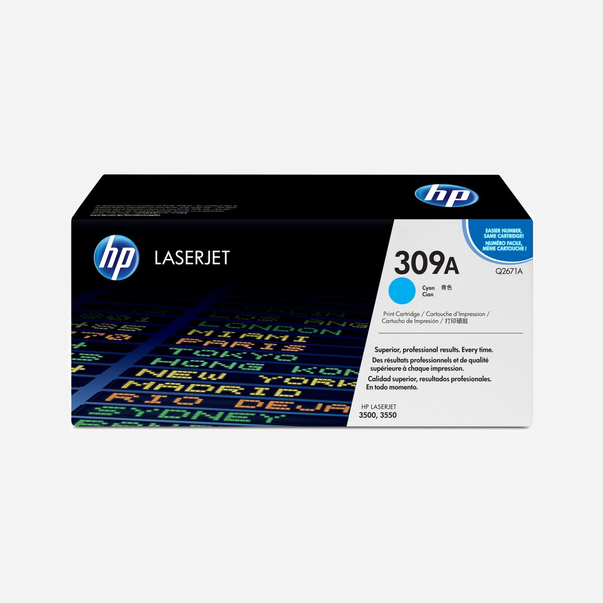 HP Cartouche Toner LaserJet Q2671A Cyan Original, 4000 pages, pour LaserJet 3500/3550, Technologie d'impression Smart, 120x410x185mm - Petites et micro-entreprises, ou services d'entreprises de plus grande envergure souhaitant imprimer des documents laser couleur de qualité professionnelle.<br>Les consommables d'impression HP 309 LaserJet fonctionnent avec l'imprimante pour offrir une impression couleur de haute qualité conviviale, économique et fiable. Un procédé électro-photographique amélioré permet d'obtenir une palette très riche de couleurs vives et des textes nets sur de nombreux papiers.