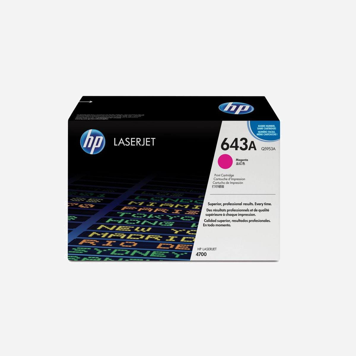 Cartouche Toner HP 643A (Q5953A) LaserJet Magenta Original - Rendement 10000 pages - Dimensions 400x148x268mm - Poids 1.7kg - Technologie d'impression Laser - HP 643A toner LaserJet magenta authentique. Rendement par page de toner de couleur: 10000 pages, Couleurs d'impression: Magenta, Quantité: 1 pièce(s)