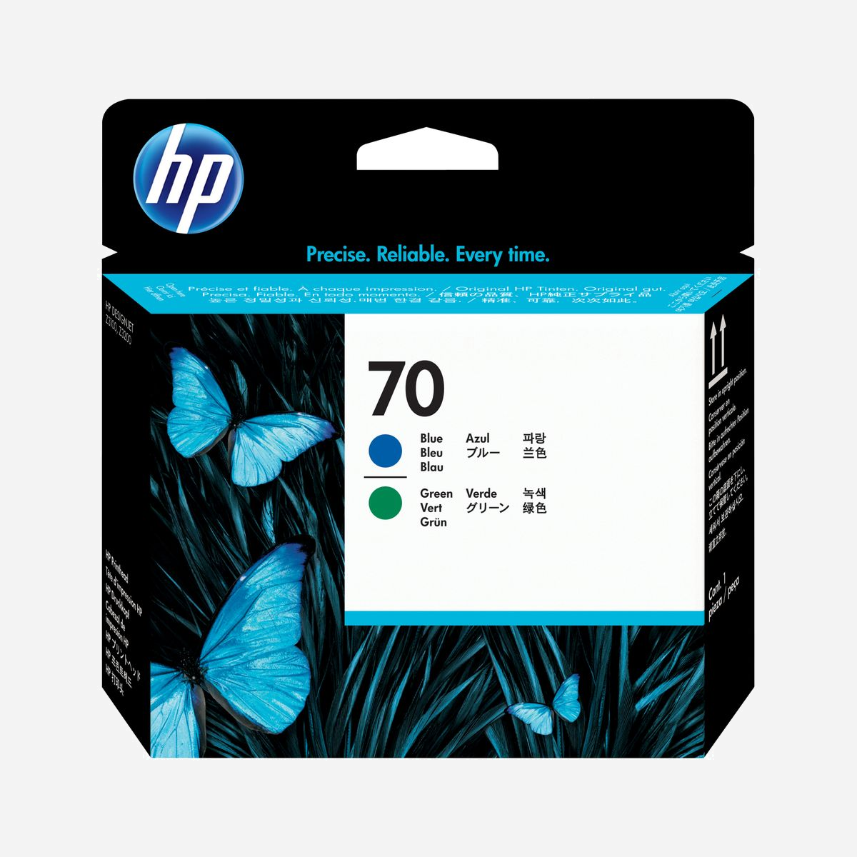 HP Tête d'Impression DesignJet 70 Bleu/Vert (C9408A) - Jet d'encre, 2.16cm, DesignJet Z2100/Z3100/Z3200, 143x28x132mm, 70g - Les têtes d'impression HP 70 sont idéales pour les photographes et infographistes professionnels, qui réalisent des impressions, épreuves et reproductions en couleurs de photos et d'œuvres d'art dignes d'un musée car ils peuvent compter sur une stabilité des images à l'épreuve du temps, ainsi que sur des couleurs précises et remarquables.<br>Imprimez des photos d'une qualité digne d'un musée sur presque tous les supports grâce à des têtes d'impression longue durée. La technologie jet d'encre révolutionnaire de HP, utilisée avec les encres pigmentées HP Vivera, est idéale pour les photographes professionnels et garantit la qualité et la fiabilité HP.