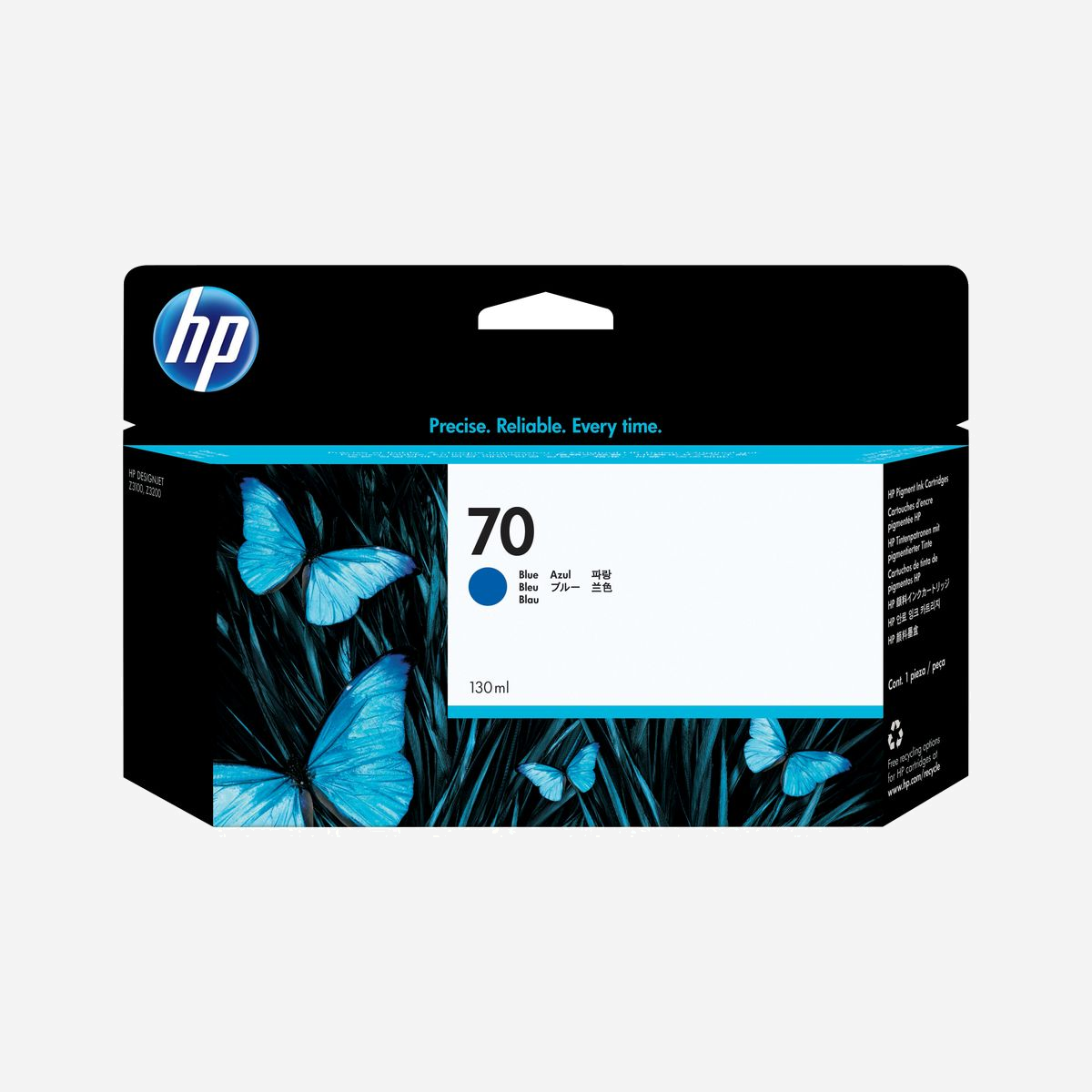 Cartouche d'encre pigmentée HP 70 Bleu 130 ml (C9458A) pour DesignJet Z2100, Z3100, Z3200 - Dimensions 40x202x129 mm, Poids 190 g - Idéales pour les photographes et infographistes professionnels qui réalisent des impressions, des épreuves et des reproductions en couleur de photos et d'œuvres d'art dignes d'un musée car ils peuvent compter sur une stabilité des images à l'épreuve du temps.<br>Imprimez simplement ce que vous avez à l'esprit. Imprimez à nouveau en étant sûr que vous aurez la même couleur, la même qualité et des impressions durables. Aucun problème avec les consommables d'impression HP et les encres photo HP d'origine. Évitez le gaspillage et les retouches, qui coûtent du temps et de l'argent.