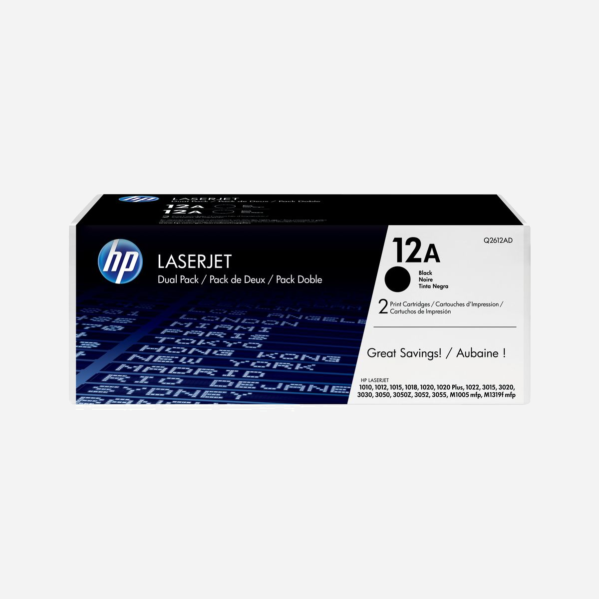 HP Pack de 2 Toners LaserJet Noir 12A (Q2612AD) - 2 x 4000 pages - Original - Imprimantes HP LaserJet 12 Series - 30% Recyclé - Fabriqué au Japon - La solution idéale pour les gros volumes d’impression, des équipes et des groupes de travail de taille réduite, dans des petites et moyennes entreprises.<br><br>Plus vous imprimez, plus vous économisez. Avec les lots de deux cartouches de toner noire HP LaserJet, vous pouvez réduire les coûts d'impression de votre entreprise sans sacrifier les résultats professionnels réguliers et l'impression fiable et sans faille des cartouches HP d'origine.