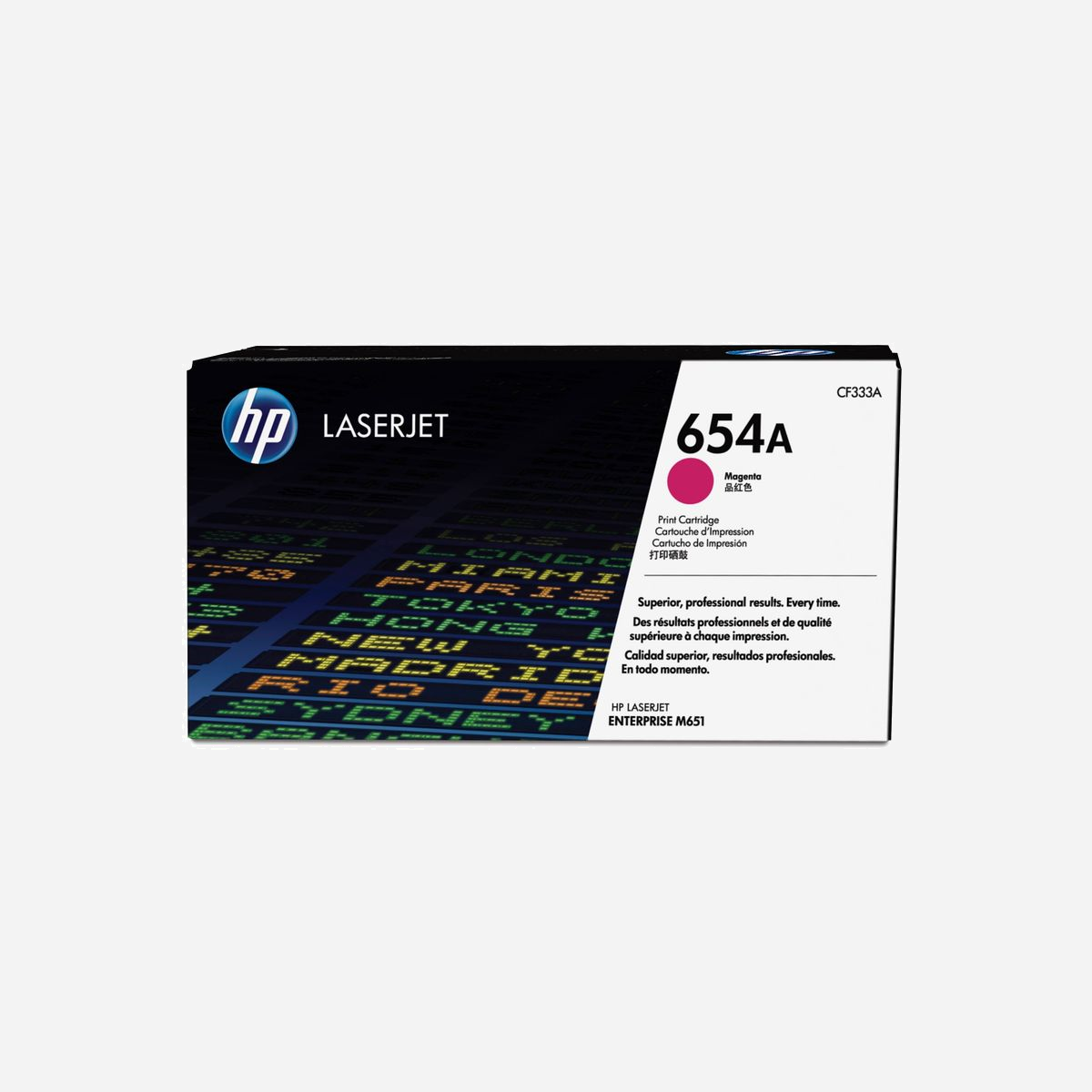 Toner Magenta HP 654A (CF333A) LaserJet Original – Rendement Standard 15000 pages, Technologie ColorSphere, 12% Recyclé, Japon - Idéale pour les groupes de travail d'entreprises avec des environnements d'impression gérés et les PME qui produisent elles-mêmes leur matériel marketing.<br><br>Les consommables d'impression HP LaserJet 654 produisent des documents professionnels exceptionnels aux couleurs glacées dignes de photos. La technologie HP ColorSphere offre des couleurs professionnelles homogènes. Evitez de perdre du temps et de gaspiller des consommables grâce aux toners HP authentiques.