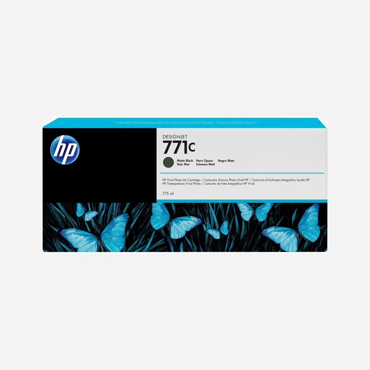 HP Cartouche d'encre DesignJet 771C Noir Mat (B6Y07A) 775ml - Encre à Pigments - Compatibilité DesignJet Z6200/Z6610/Z6810 - Idéale pour imprimer une large gamme de résultats d'affiches aux photos exceptionnelles, de cartes aux beaux-arts et d'autres applications d'intérieur, y compris des affichages POP et enseignes rétro-éclairées.<br>La cartouche noir mat HP Designjet 771 (775 ml) offre la qualité élevée attendue par vos clients et permet de répondre à la productivité croissante. Les encres photo HP couleurs vives vous permettent de réagir rapidement en offrant qualité, vitesse et impression sans faille aisée.