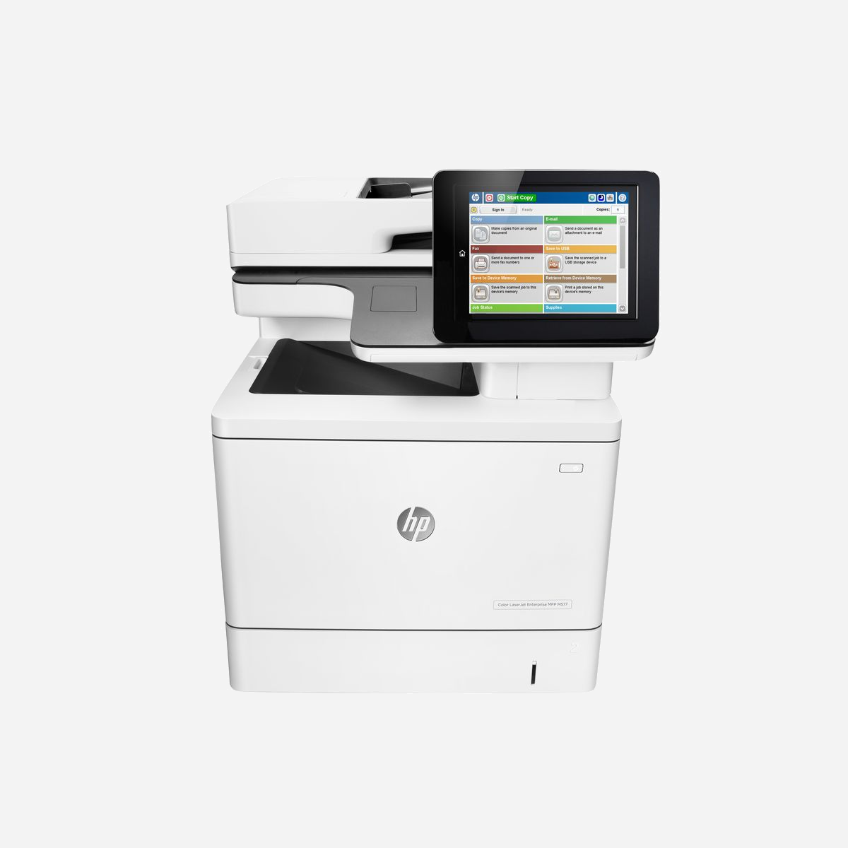 HP Color LaserJet Enterprise M577dn - Multifonction Laser Couleur A4 38ppm, 1200x1200 DPI, Numérisation 600 DPI, ADF 100 feuilles, Recto-Verso Auto, Ethernet - HP Color LaserJet Enterprise Imprimante multifonction ColorJet Enterprise M577dn, Couleur, Imprimante pour Entreprises, Impression, copie, numérisation, ADF de 100 pages; Impression USB en façade; Numérisation vers e-mail/PDF; Impression recto-verso. Technologie d'impression: Laser, Impression: Impression couleur, Résolution maximale: 1200 x 1200 DPI, Vitesse d'impression (couleur, qualité normale, A4/US Letter): 38 ppm. Copier: Copie couleur, Résolution max. des copies: 600 x 600 DPI. Numérisation: Numérisation couleur, Résolution de numérisation optique: 600 x 600 DPI. Taille de papier de série A ISO maximum: A4. Impression directe. Couleur du produit: Blanc