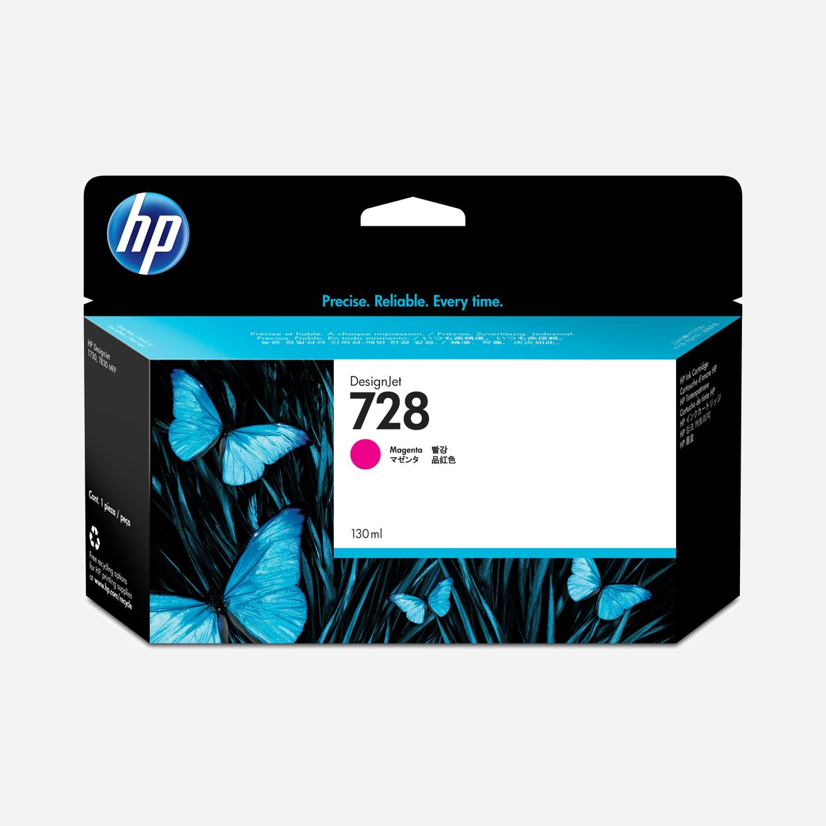 HP Cartouche d'Encre DesignJet 728 Magenta 130ml Pigmentée F9J66A - DesignJet T730/T830 - Encre à Colorant & Pigment, 202x129x40mm - Idéal pour les groupes de professionnels de conception et les équipes d'ingénierie produisant des applications de CAO et d'usage général.<br>Obtenez facilement des résultats nets et précis. Conçues avec votre imprimante/imprimante multifonction HP DesignJet pour former un système d'impression optimisé, les encres conçues par HP vous aident à réduire les temps d'arrêt et à améliorer la productivité. Choisissez parmi les tailles de cartouche de 40 ml à 300 ml en fonction de vos besoins.