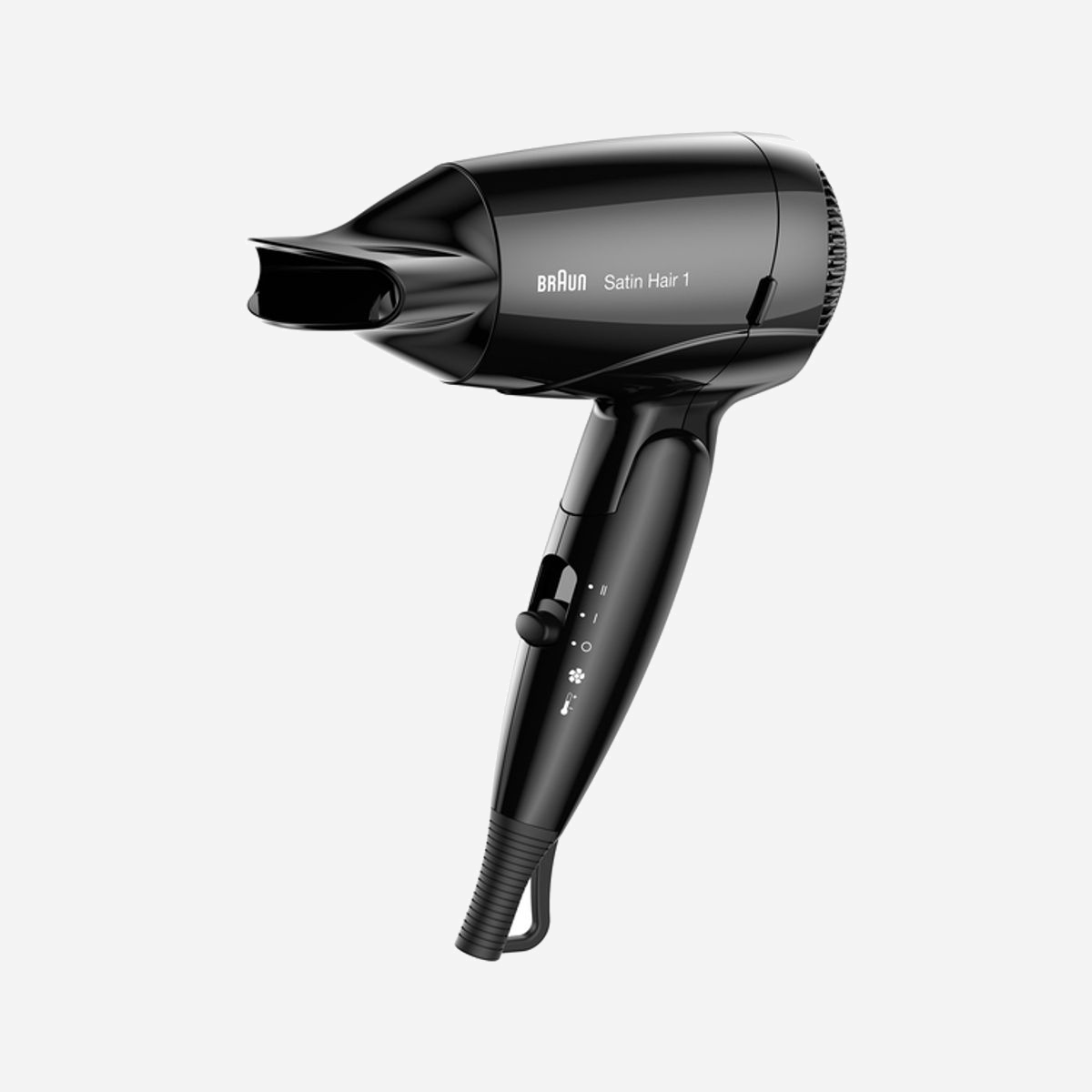 Sèche-cheveux Braun HD130 1200W Noir, Fonction Ionique, Air frais, 2 positions de chauffe, Tension 100-240V, Poignée pliable, Concentrateur d'air, Anneau de suspension - Braun HD130. Couleur du produit: Noir, Type de suspension: Anneau de suspension. Puissance: 1200 W, Tension d'entrée AC: 100 - 240 V, Fréquence d'entrée AC: 50 - 60 Hz. Poids: 350 g. Quantité: 1 pièce(s), Largeur du colis: 73 mm, Profondeur du colis: 141 mm. Poids brut du casier principal (externe): 2,48 kg, Produit par casier principal (externe): 5 pièce(s)