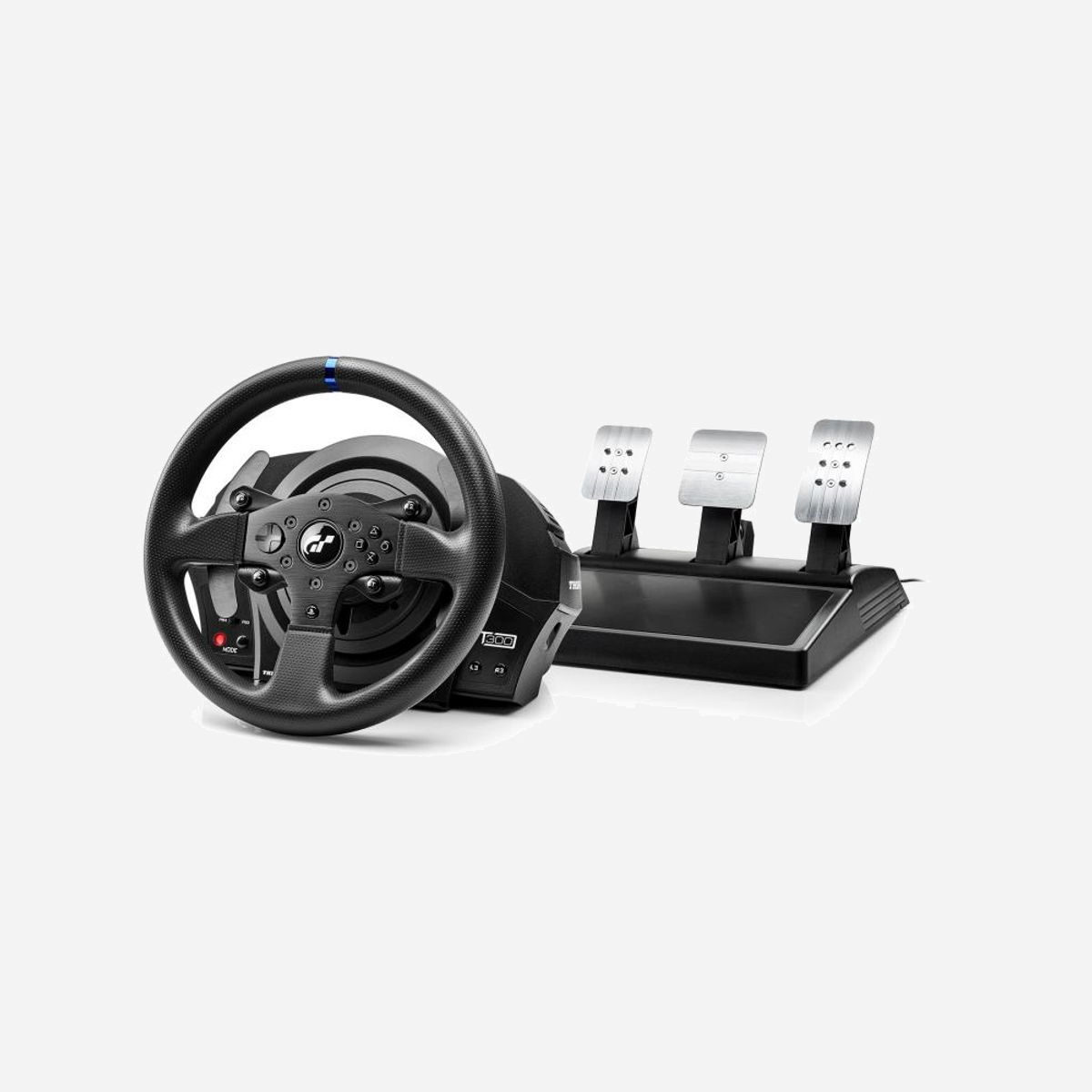 Thrustmaster T300 RS GT Volant + Pédalier PC/PS4/PS3, Diamètre 28cm, Palettes Métal, Technologie H.E.A.R.T., Force Feedback Brushless - Volant amovible réaliste de 28 cm de diamètre, doté d'un revêtement en caoutchouc renforcé et texturé sur toute sa circonférence. Logo GT officiel au centre du volant.<br>Équipement de conduite complet : 13 boutons d’action (dont 2 sur la base) + 1 croix multidirectionnelle.<br>Boutons officiels pour PlayStation®4 intégrés (PS, SHARE, OPTIONS) : accédez aux nouvelles fonctions sociales par des allers-retours jeu/système instantanés, à tout moment.<br><br>- Boutons dédiés PS, SHARE et OPTIONS : accédez aux fonctions sociales de votre système PS4™ à tout moment<br>- Réalisme : 28 cm de diamètre + plastron en métal brossé<br>- Texture gomme renforcée : revêtement intégral sur toute la circonférence<br>- Poids supérieur à 1,2 kg pour une inertie et un retour de force ultra-réalistes<br>- 2 grandes palettes de vitesses séquentielles fixes sur la roue<br>- 2 grandes palettes de vitesses séquentielles fixes sur la roue<br>- Tact switch avec cycle de vie supérieur à 10.000.000 d’activations<br>- Equipement de conduite complet - boutons d’action (dont 2 sur la base) + 1 croix multidirectionnelle<br>- Roue détachable avec système Thrustmaster Quick Release<br>- Basculez rapidement d’une roue à l’autre<br><br>2 grandes palettes de vitesses séquentielles fixes sur le volant<br><br>Le volant est équipé de deux grandes palettes de vitesses séquentielles fixes situées sur le volant, mesurant 13 cm de haut. 100 % métal, avec un système Tact Switch offrant un cycle de vie supérieur à 10 000 000 d’activations.<br><br>T3PA – GT EDITION PEDAL SET :<br>Pour cette édition spéciale GT, et pour un réalisme accru, le pack inclut le PÉDALIER T3PA – GT EDITION, doté de trois pédales et d’une structure interne 100% métal. Les pédales d’accélérateur et d’embrayage sont ajustables en hauteur et en écartement. La pédale de frein est fournie avec un Conical Rubber Brake Mod.<br><br>Moteur Force Feedback industriel Brushless :<br>Sous le capot rien de moins qu’un véritable moteur Force Feedback industriel Brushless (sans frottements) délivrant un retour de force ultra fluide et silencieux: le silence du moteur vous permet de se concentrer réellement sur ce qui compte, la performance sur la route.<br>Effets de force hyper réactifs, sans latence et réalistes.<br><br>Nouveau système à double courroie :<br>Un nouveau système à double courroie sur 1080° pour délivrer un retour de force ultra fluide et lisse avec des effets de force aussi réactifs que réalistes : ressentez la route, pas le mécanisme de la roue.<br><br> H.E.A.R.T. HallEffect AccuRate Technology® :<br>Aux capacités du moteur les équipes de développement de Thrustmaster ont ajouté la précision par l’emploi de la technologie H.E.A.R.T HallEffect AccuRate Technology® avec capteur magnétique sans contact. Elle offre 16 bits de résolution soient 65536 valeurs sur l’axe de direction.<br><br>COMPATIBLE ÉCOSYSTÈME :<br><br>Compatible sur PS4™, PS3™ et PC avec les volants détachables Thrustmaster ** (Ferrari F1 Wheel Add-on, Ferrari GTE Wheel Add-on, TM Leather 28 GT Wheel Add-On, 599XX Evo 30 Wheel Add-On Alcantara Edition, etc.).<br>Compatible sur PS4™, PS3™ et PC avec les pédaliers 3 pédales Thrustmaster ** (T3PA-PRO – Thrustmaster 3 Pedals Add-On). <br>Compatible sur PS4™, PS3™ et PC avec la boîte de vitesses TH8A ** (TH8A – Thrustmaster TH8 Add-On).<br><br>Système Thrustmaster Quick Release :<br>Le système Thrustmaster Quick Release permet de basculer d’une roue à un autre en seulement quelques secondes. Ce concept innovant permet aux possesseurs de la base de faire évoluer leur équipement pour encore plus de réalisme dans tous les types de courses.