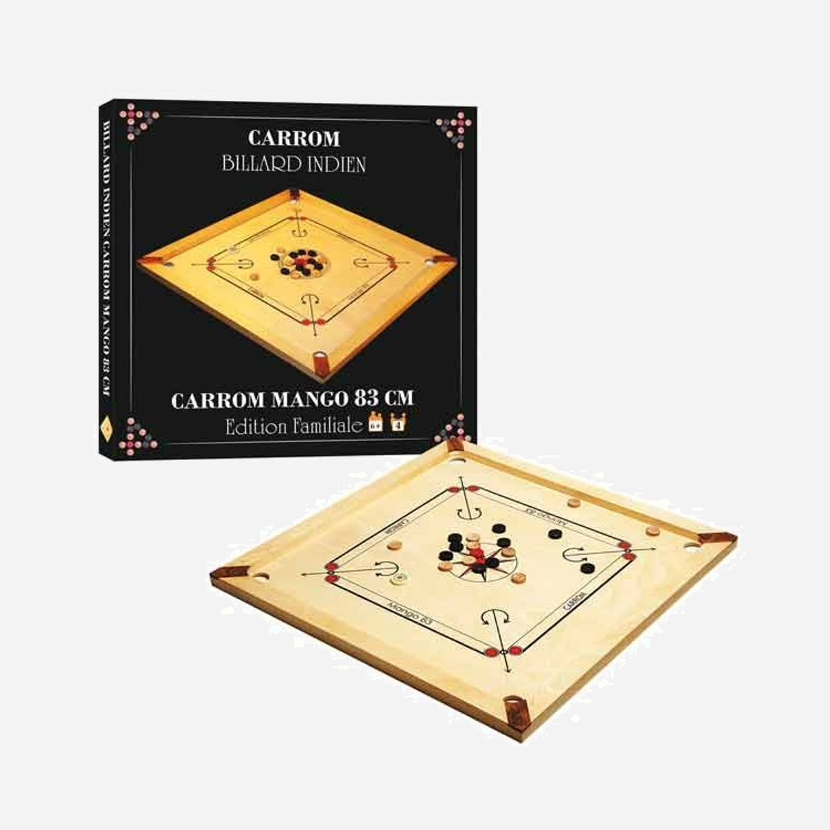 Asmodee Carrom Mango 83cm, Jeu de Billard Indien en Bois, 2-4 joueurs, dès 6 ans, avec palet 13g, pions (11 blancs, 11 noirs, 2 rouges), poudre 30g & règle multi - Découvrez le jeu de billard indien! Le Carrom est un jeu d'adresse simple à apprendre mais ardu à maîtriser.<br><br>Envoyez vos pions dans les trous placés aux quatre coins du plateau à l'aide de votre palet de tir. Comme au billard, tant que vous parvenez à envoyer un pion dans le trou, vous rejouez!