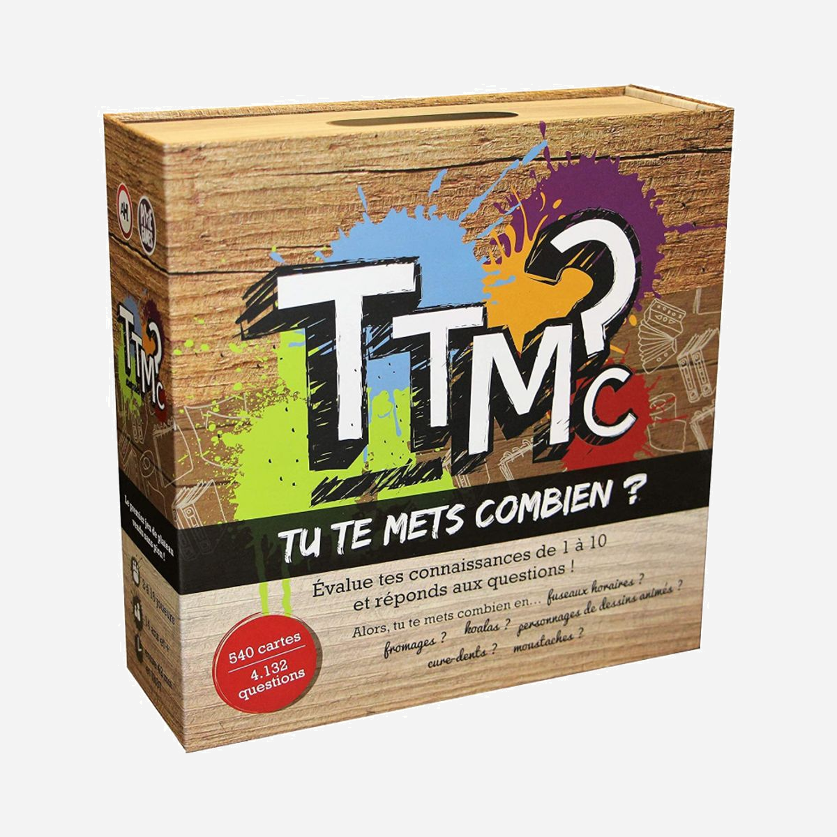 Pixie Games TTMC Tu Te Mets Combien - FR : Jeu de société quiz ambiance, 2-16 joueurs, 14 ans+, 4000+ questions, 45 min, 750x140x38mm - Et toi, Tu te mets combien ? Un jeu de société fun !<br>Auto-évaluez vos connaissances de 1 à 10 sur des sujets originaux, classiques, intéressants ou farfelus !<br>Par équipe de 2 ou plus, de 2 à 16 joueurs, dès 14 ans<br>Estimez votre connaissance du thème donné par vos adversaires sur une échelle de 1 à 10. En fonction du chiffre donné la question sera plus ou moins difficile. A chaque équipe de jauger sa réponse pour sortir vainqueur !<br>Entre le jeu d'ambiance et le quiz de culture générale, idéal pour les soirées entre amis<br>La boite se convertit en plateau, accompagnée de plus de 4000 questions sur des thèmes variés et insolites