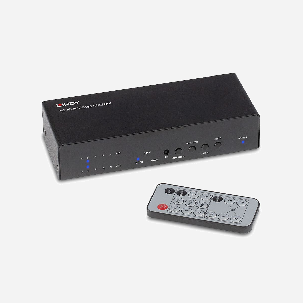 Lindy 38084 Matrice AV 4x2 HDMI 2.0 4K60Hz 18Gbit/s HDCP 2.2, Sorties Audio Optique et Analogique, Contrôle IR, Noir - <b>Veuillez noter qu'il existe deux versions de cet article avec des connecteurs différents.</b><br><b>Merci de vous référer aux instructions pour savoir laquelle de ces versions vous possédez.</b><br> <br>Le Switch Matrix 4x2 HDMI 4K60 de LINDY est une solution hautes performances pour la distribution de contenu à partir de plusieurs appareils sources vers deux écrans. <br> <br>Prenant en charge les signaux HDMI 2.0 18G , cette matrice permet la transmission de résolutions 4K Ultra HD 60Hz nettes, tandis que la prise en charge HDR (High Dynamic Range) permet de visualiser le contenu vidéo avec une luminosité améliorée, des contrastes supérieurs et une gamme de couleurs beaucoup plus étendue, parfait pour les affichages Digital Signage dans les commerces ou la restauration ou pour la création d'installations éducatives attrayantes.<br> <br>La prise en charge HDCP 2.2 permet d'éviter tout problème avec une variété de contenus 4K lors de la connexion à des sources comme les Set Top Box, les lecteurs Blu-Ray et les lecteurs multimédias 4K HDR.<br> <br>En plus du transfert audio HDMI, un port audio 3,5 mm permet une connexion séparée des systèmes de haut-parleurs analogiques et des périphériques audio optiques tels que les barres de son et les amplificateurs, pour créer des expériences audio immersives.<br>Cette matrice peut être facilement contrôlée via des boutons poussoirs sur l'unité, tandis que la télécommande incluse ajoute de la souplesse d'utilisation pour le contrôle de plusieurs sources vidéo et écrans, idéal pour les salons professionnels, les présentations de formation ou les démonstrations de vente.
