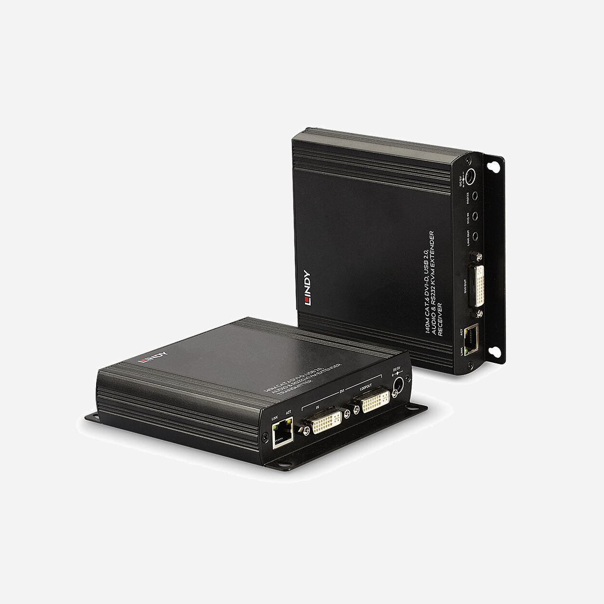 Lindy 39245 Extension KVM Émetteur/Récepteur DVI-I, USB 2.0, Cat6, 140m - Résolution max 1920x1200, Alimentation 5VDC 2.6A, Certifié CE/UKCA/FCC/RoHS/REACH - Lindy 39245. Type: Émetteur et récepteur, Technologie de connectivité: Avec fil, Distance de transfert maximale: 140 m. Type de port vidéo de l'émetteur: DVI-I. Type de port vidéo local du récepteur: DVI-I. Type de port USB: USB Type-A/USB Type-B. Largeur du transmetteur: 12,5 cm, Profondeur du transmetteur: 14 cm, Hauteur du transmetteur: 3 cm