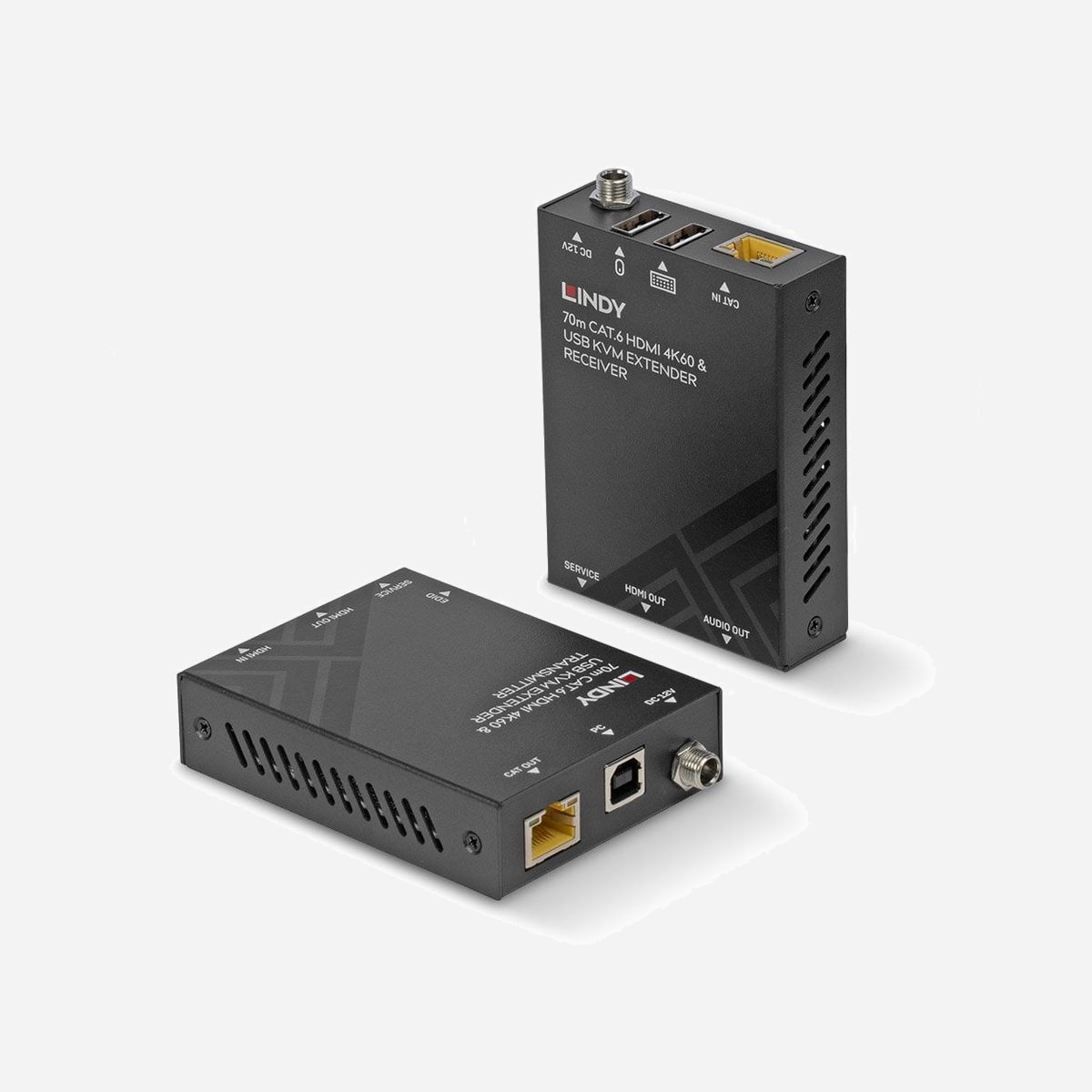 Lindy 39383 KVM Extender HDMI 2.0, USB 1.1, Cat6 jusqu'à 70m, 3840x2160 30Hz, Émetteur/Récepteur, Alimentation Incluse - Lindy 39383. Type: Émetteur et récepteur, Technologie de connectivité: Avec fil, Distance de transfert maximale: 70 m. Type de port vidéo de l'émetteur: HDMI, Type de port vidéo local de l'émetteur: HDMI, Type de clavier/port souris local de l'émetteur: USB. Type de port vidéo local du récepteur: HDMI, Type de port de souris/clavier local du récepteur: USB. Type de port USB: USB Type-A/USB Type-B. Courant d'entrée: 1 A, Tension CC: 12 V