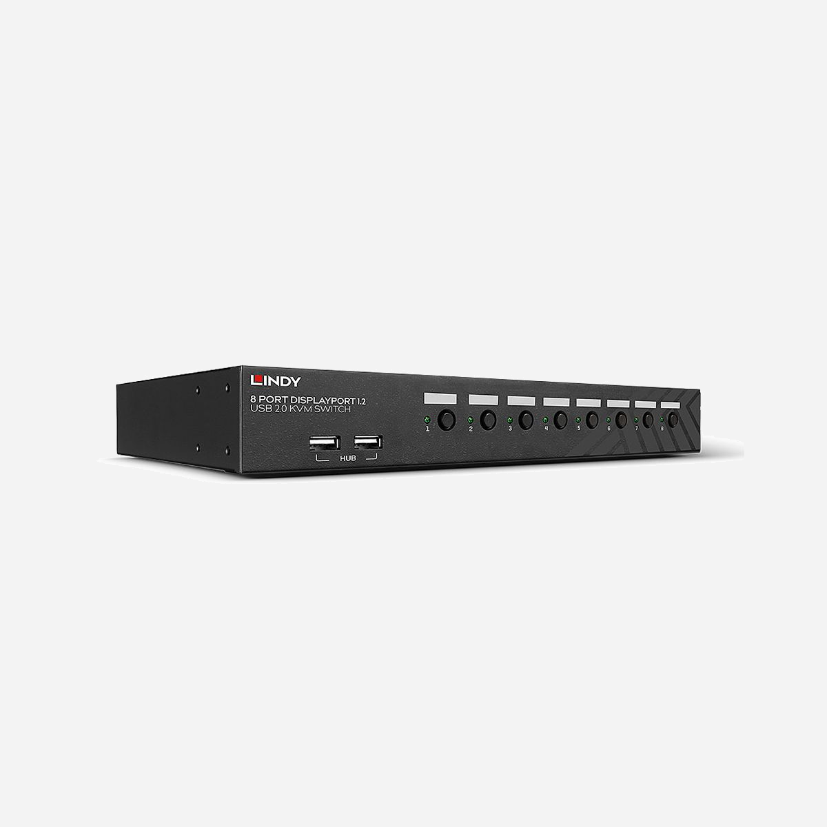Lindy 39540 Commutateur KVM 8 Ports DisplayPort 4K 60Hz, Hub USB 2.0, Montage Rack 1U, Résolution 3840x2160, Audio, Noir - Un commutateur KVM permet à un opérateur de contrôler et de gérer facilement plusieurs appareils, tels que des PC et des serveurs, à partir d'un clavier, d'une souris et d'une console d'affichage.<br><br> Ce commutateur KVM avancé a été conçu pour être utilisé avec des PC et des Mac. Il est doté de ports vidéo DisplayPort et d'un hub USB 2.0 à deux ports pour la connexion et le partage de périphériques. Avec la prise en charge audio, vous pouvez également connecter des haut-parleurs ou des casques.<br><br> Le commutateur n'occupe qu'un seul espace 1U dans un rack 19" et prend en charge des résolutions d'écran allant jusqu'à 4K Ultra HD 60Hz, ce qui est idéal pour le contenu graphique dans les installations de jeux, le montage vidéo ou le contrôle de plusieurs postes de travail. Il offre 2 modes de commutation simples, via des raccourcis clavier et des boutons du panneau avant.<br><br> Une console locale peut être connectée aux 2 ports USB et DP sur le panneau arrière tandis que le hub USB 2.0 à 2 ports intégré permet de partager les périphériques entre les ordinateurs connectés. Le dispositif de commutation unique permet au hub USB d'être commuté indépendamment des PC pour une impression, un scan ou un accès à un disque externe sans interruption. Les options ne sont accessibles que par le biais de raccourcis clavier.<br><br> Des voyants LED indiquent l'état du port KVM sélectionné.<br><br> Veuillez noter que les câbles de connexion ne sont pas inclus. Les câbles DisplayPort, USB A vers B et audio de 3,5 mm sont nécessaires pour chaque ordinateur connecté. La distance maximale prise en charge pour l'USB, en utilisant des câbles standard, est de 5m. Pour les distances supérieures à 5m, utilisez une rallonge active USB Lindy. Les hubs MST ne sont pas pris en charge.