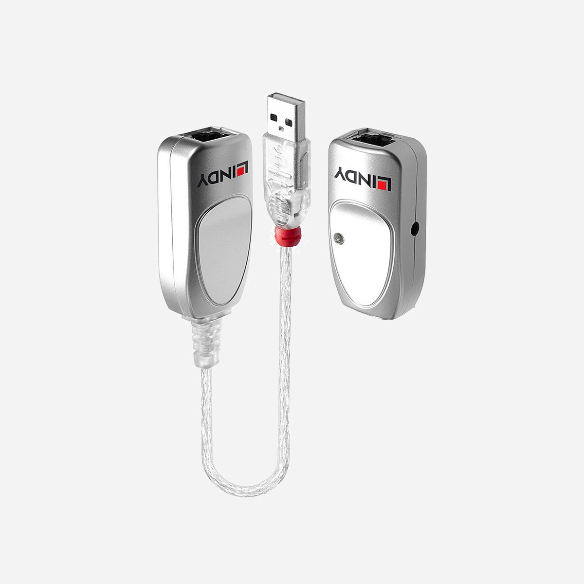 Lindy 42805 Extender USB 1.1 Cat.6 50m - Extension USB via câble Cat.5e/6 (non fourni) - Connecteur DC - Gris - Poids 60g - L’Extender USB 1.1 Cat.6, 50m de LINDY peut être utilisé pour prolonger la distance entre un périphérique USB et un ordinateur hôte de 50 m maximum. Il se compose d'une unité locale pouvant être connectée à l'ordinateur ou un ordinateur portable et d'une unité distante connectée à des périphériques USB, y compris par exemple des périphériques de stockage, ce qui est idéal pour un accès longue distance. Un câble Cat.5e / 6 standard (à faible coût - non fourni) est utilisé pour connecter les deux unités. Pour un maximum de performance et de compatibilité, nous recommandons l’utilisation de câble patch monobrin.<br> <br>Une alimentation peut être connectée en option pour une utilisation avec des périphériques USB à consommation élevée.
