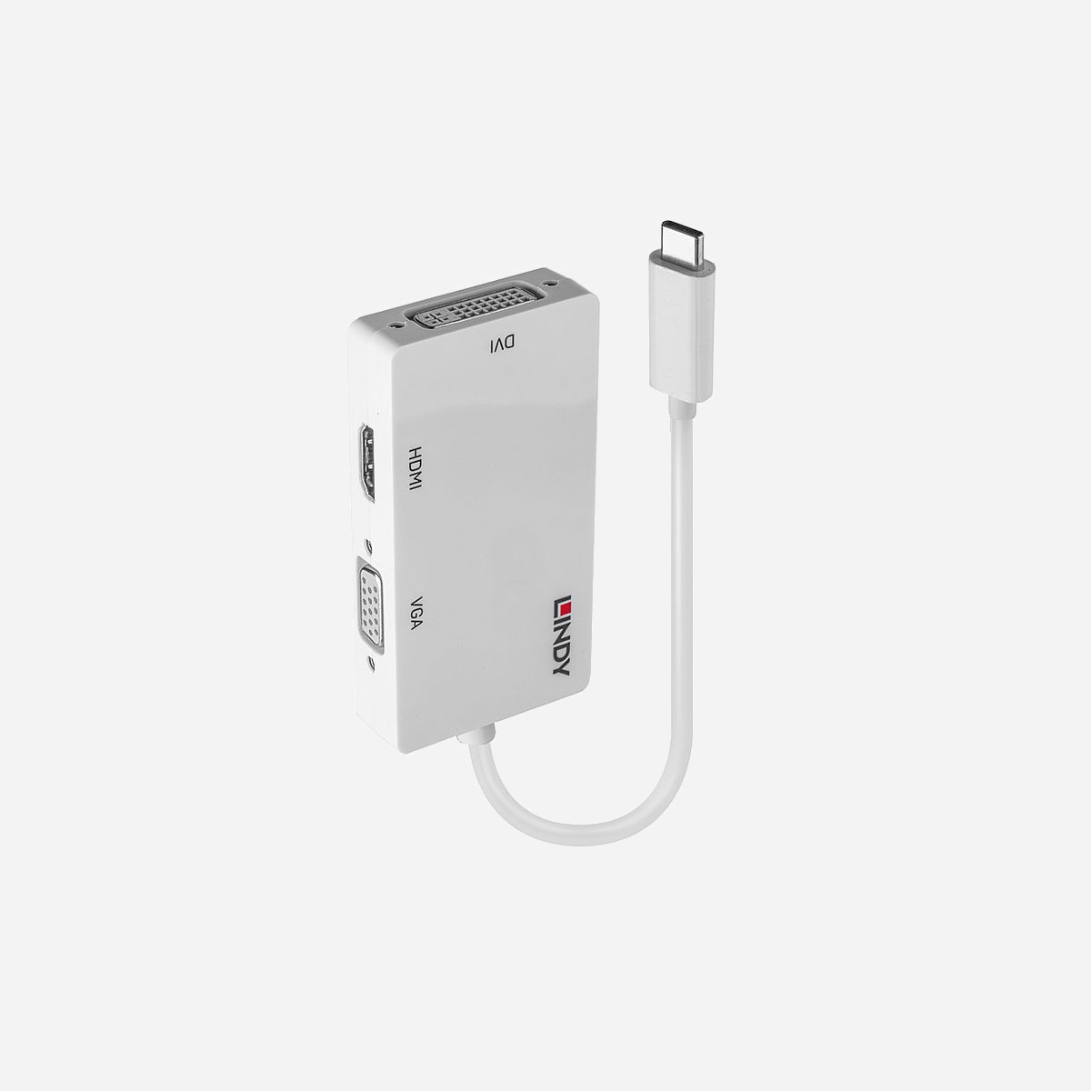 Lindy 43273 Adaptateur USB Type C vers Triple Display (HDMI, DVI, VGA), résolution max 3840x2160 pixels, chipset VL100, blanc, 84x45x15mm - Le convertisseur Lindy USB type C vers Triple Display permet de connecter un écran HDMI, DVI ou VGA depuis un Macbook, ou ordinateur portable équipé d'une prise USB DisplayPort Alternate Mode. Avec son poids léger et sa taille compacte, l'adaptateur se glisse facilement dans une housse d'ordintateur portable. Un adaptateur pour 3 types de connectique écran !<br> <br>Le convertisseur est alimenté par le port USB, aucune alimentation n'est nécessaire. L'installation est simple comme aucun pilote n'est à installer et la prise type C se connecte dans un sens comme dans l'autre.