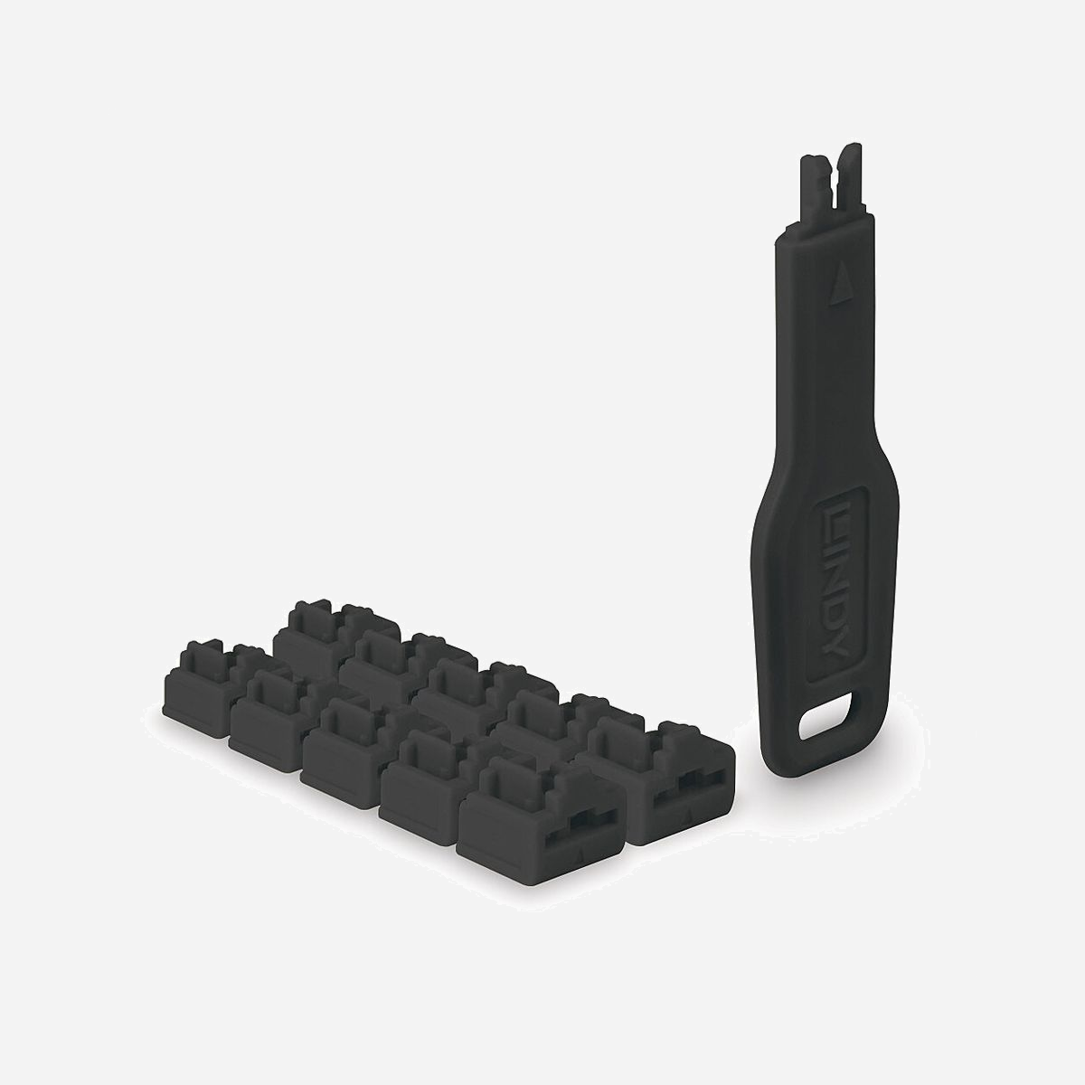 Lindy 47891 Kit de 10 Bloqueurs de Ports RJ-45 Noirs ABS avec Clé - Dimensions 20x74.5x5.9mm, Certifications CE/UKCA/RoHS/REACH - Lindy 47891. Type de produit: Bloqueur de port + clé, Ports/emplacements compatibles: RJ-45, Couleur du produit: Noir. Largeur: 20 mm, Profondeur: 74,5 mm, Hauteur: 5,9 mm