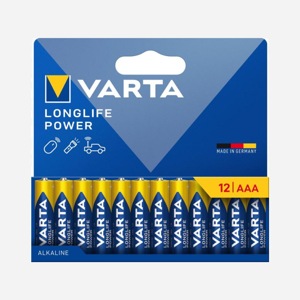 Batterie Alcaline Varta AAA 04903 - 1.5V - Pack de 12 - Dimensions 44.5mm x 10.5mm - Poids unitaire 11.4g - Emballage Blister - Varta 04903. Type de batterie: Batterie à usage unique, Taille(s) de la batterie: AAA, Technologie batterie: Alcaline. Hauteur: 44,5 mm, Diamètre: 1,05 cm, Poids: 11,4 g. Largeur du colis: 127,6 mm, Profondeur du colis: 11,2 mm, Hauteur du colis: 120 mm