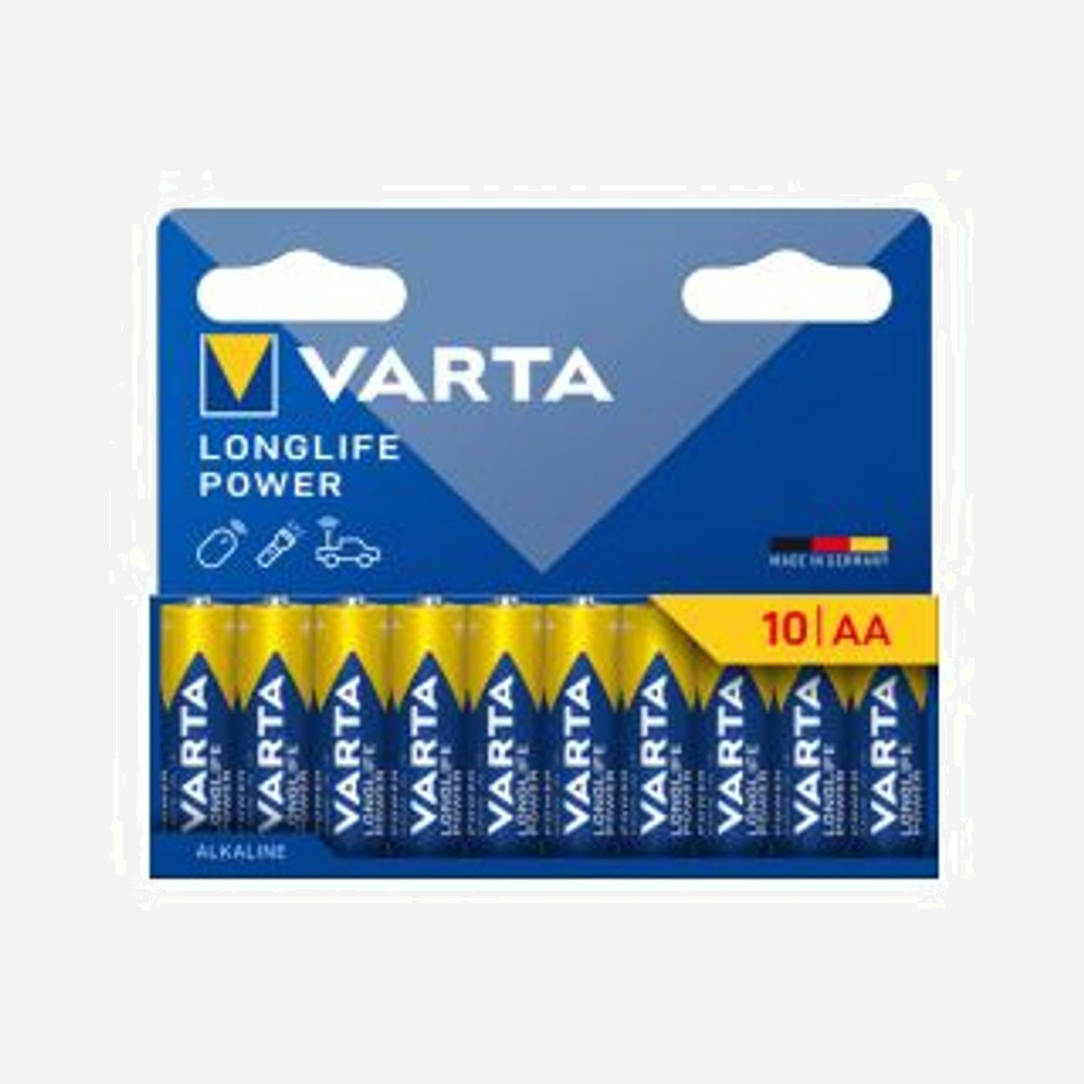 Varta LONGLIFE Power AA - Pile Alcaline Usage Unique 1.5V - Pack de 10 - Dimensions Emballage: 143.6x15.4x120mm - Référence 04906-121-761 - Varta LONGLIFE Power AA. Type de batterie: Batterie à usage unique, Taille(s) de la batterie: AA, Technologie batterie: Alcaline. Largeur du colis: 143,6 mm, Profondeur du colis: 15,4 mm, Hauteur du colis: 120 mm