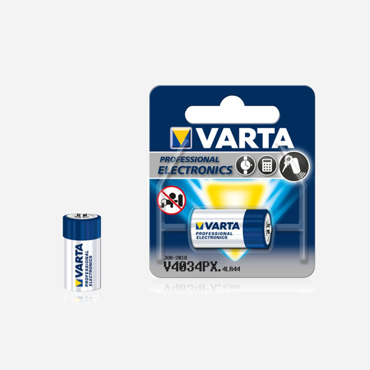 Varta V4034PX Batterie Alcaline 6V 100mAh 4LR44/4SR44 Cylindrique 13x25.2mm - Blister 1 pièce - Référence 04034-101-401 - Type VARTA: V4034PX<br><br>Tension: 6 Volts<br>Système: Alcaline<br>Capacité: 100 mAh<br>Autres: 4LR44, 7H34 Hauteur: 25.2 mm <br>Diamètre: 13 mm<br><br>Blister: 1 pcs<br>Boîte: 10 pcs<br>Carton: 100 pcs<br><br>EAN:<br>4008496274055