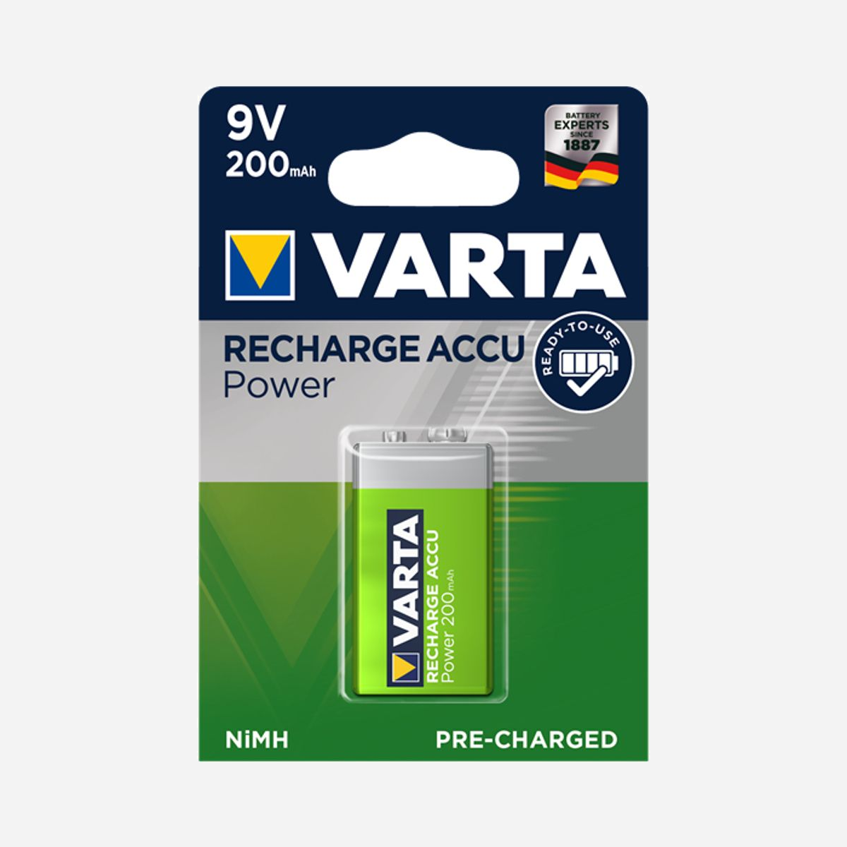 Varta Rechargeable NiMH 9V 200mAh - Batterie unique 8.4V - Type 56722/1 - 15.7mm - Poids 36g - Conditionnement Blister - Varta -56722/1. Type de batterie: Batterie rechargeable, Taille(s) de la batterie: 9V, Technologie batterie: Hybrides nickel-métal (NiMH). Hauteur: 15,7 mm, Poids: 36 g. Type d'emballage: Blister