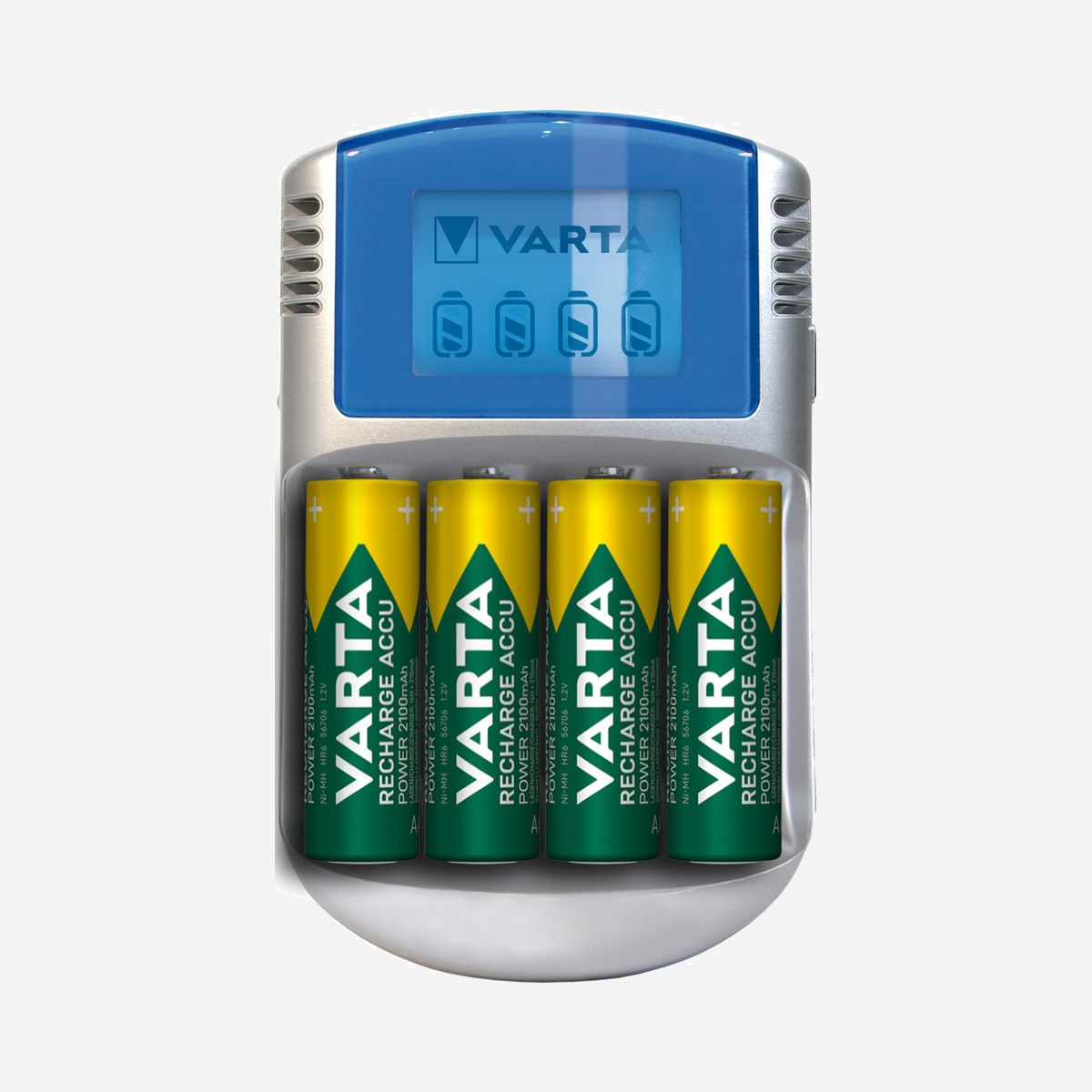 Varta Chargeur POWERLCD 57070-201-451 pour AA/AAA NiMH, 4 Piles AA 2600mAh incluses, Secteur/Allume-cigare/USB, Ecran LCD, 100-240V, avec Adaptateur Secteur - - Afficheur LCD bleu<br>- Fonction de vérification d'énergie<br>- Recharge jusqu'au 4 accus<br>- 2/4 AA ou 2/4 AAA<br>- Chargeur rapide (2-4 heures)<br>- Chargeur de bureau<br>- Chargeur USB (par Laptop)<br>- Adapteur voiture<br>- Chargeur universel (110 - 240V)<br>- Système de sécurité individuel: minuterie, Minus Delta V et contrôle de la température<br>- Détection de piles rechargeables endommagées, de piles alcalines et d'inversion de polarité