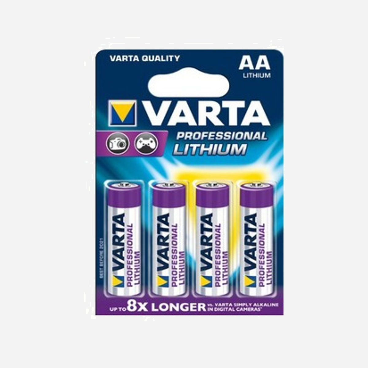 Varta Pack 4 Piles Lithium AA 1.5V 2900mAh - Dimensions 1.45x50.5mm - Usage Unique - Facteur Forme Cylindrique - Poids 14.5g - Réf 06106-301-404 - Varta 4x AA Lithium. Type de batterie: Batterie à usage unique, Taille(s) de la batterie: AA, Technologie batterie: Lithium. Hauteur: 50,5 mm, Diamètre: 1,45 cm, Poids: 14,5 g. Largeur du colis: 80 mm, Profondeur du colis: 16 mm, Hauteur du colis: 120 mm. Facteur de forme de la batterie: Cylindrique