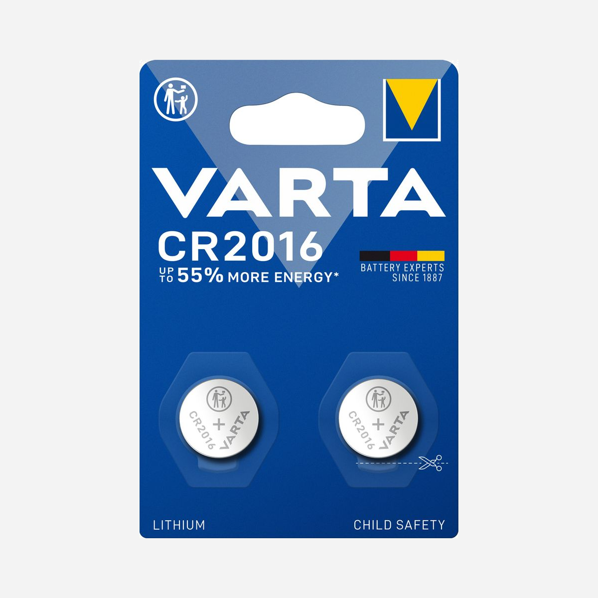 Varta - Pile bouton Lithium CR2016 3V - Dimensions 20mm x 1.6mm - 2 unités par blister - Réf. Varta 06016-101-402 - Varta 06016. Type de batterie: Batterie à usage unique, Taille(s) de la batterie: CR2016, Technologie batterie: Lithium. Hauteur: 1,6 mm, Diamètre: 2 cm, Poids: 1,8 g. Largeur du colis: 80 mm, Profondeur du colis: 4,5 mm, Hauteur du colis: 120 mm. Facteur de forme de la batterie: Pile bouton