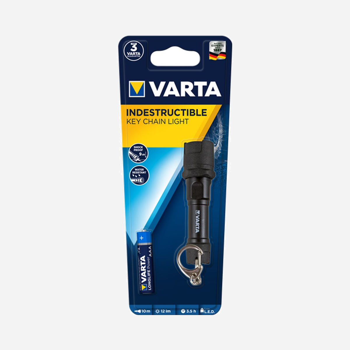 Varta Lampe Porte-Clés LED Noire 12 lm IPX4, Résistance Chocs 9m, Batterie AAA 3.5h, Dimensions 23x83x23mm, Référence 16701-101-421 - Varta 16701 101 421. Type de lampe de poche: Lampe porte-clés, Couleur du produit: Noir, Matériau du boîtier/corps: Caoutchouc. Résistant aux chocs jusqu'à: 9 m, Code (IP) Internationale Protection: IPX4. Type de lampe: LED, Quantité de lampes: 1 lampe(s), Flux lumineux: 12 lm. Type de batterie: AAA, Autonomie maximum de la batterie: 3,5 h. Largeur: 23 mm, Profondeur: 83 mm, Hauteur: 23 mm