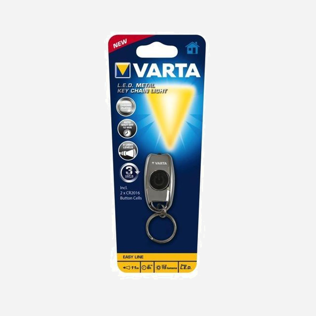 Varta Lampe Porte-Clés LED Chrome 15 lm, Portée 11 m, Autonomie 6h, Batterie CR2016, Référence 16603-101-401 - Varta L.E.D. METAL KEY CHAIN LIGHT. Type de lampe de poche: Lampe porte-clés, Couleur du produit: Chrome. Type de lampe: LED, Flux lumineux: 15 lm, Distance de faisceau d'éclairage (max): 11 m. Type de batterie: CR2016, Autonomie maximum de la batterie: 6 h