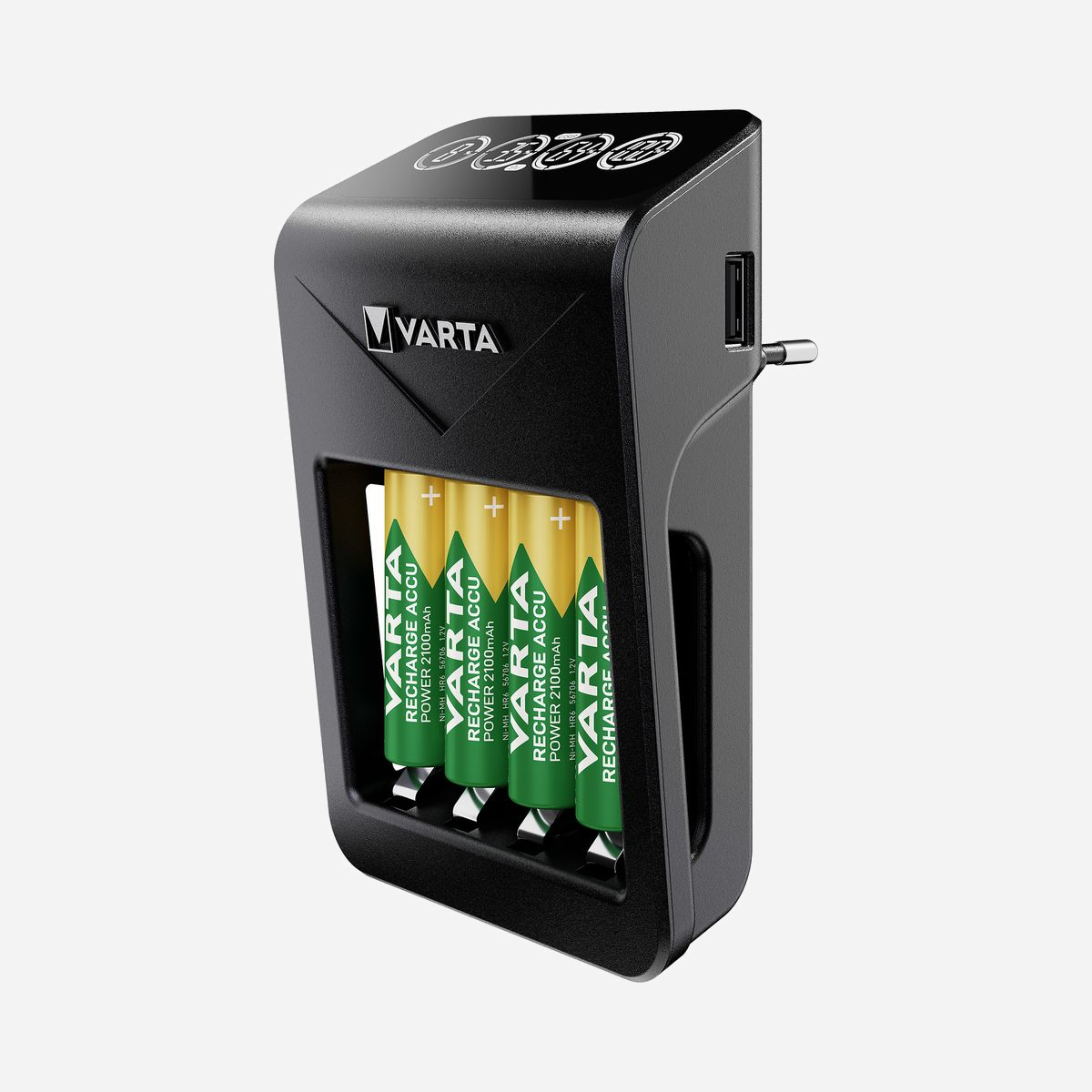 Varta Chargeur Secteur 57687 NiMH AA/AAA/9V, LCD, 4 Piles AA NiMH 2100mAh incluses, 1 Port USB, Protection Court-Circuit, 100-240V - Varta 57687. Convient pour: Pile domestique, Type de source d'alimentation: Secteur, Technologies de batteries compatibles: Hybrides nickel-métal (NiMH). Couleur du produit: Noir, Technologie d'affichage: LCD. Tension d'entrée: 100 - 240 V. Taille de la batterie: AA, Technologie batterie: Hybrides nickel-métal (NiMH), Capacité de la batterie: 2100 mAh. Largeur: 85 mm, Profondeur: 73 mm, Hauteur: 124 mm