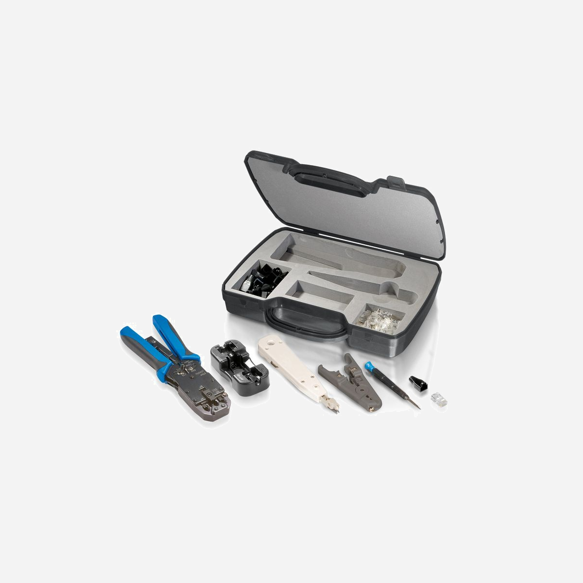 Equip 129504 Ensemble d'outils de sertissage Noir/Bleu/Gris/Blanc - 1.35kg - Dimensions colis 305x240x60mm - Inclut 20 soufflets de câble - Certifié RoHS - Equip 129504. Poids: 1,35 kg. Dimensions du colis (LxPxH): 305 x 240 x 60 mm, Largeur du colis: 225 mm, Profondeur du colis: 60 mm