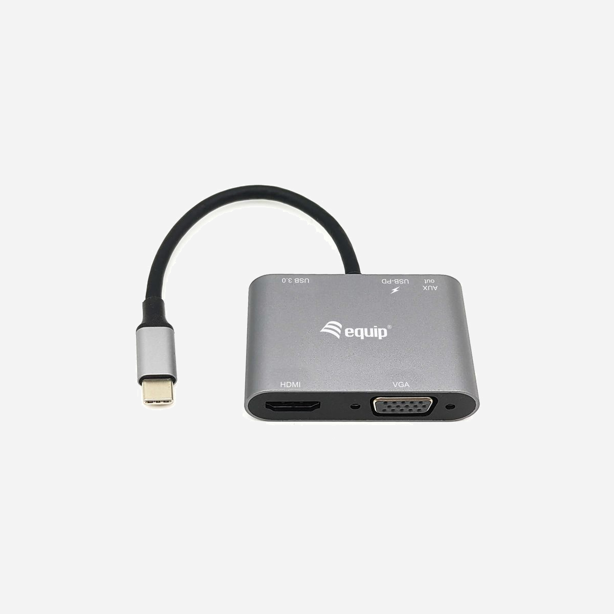 Equip Adaptateur USB-C vers HDMI VGA USB3.0 AUX PD 100W - Résolution HDMI 4K 60Hz - Compatible Windows, macOS, Android - Réf. 133483 - Cet adaptateur USB-C 5-en-1 equip 133483 permet d'étendre la capacité USB-C de votre appareil avec des ports HDMI/VGA/USB 3.0/AUX/PD. L'adaptateur offre une solution portable pour connecter un écran HDMI et VGA à votre ordinateur portable ou de bureau USB-C. L'adaptateur vidéo multiport vous permet de refléter ou d'étendre le contenu sur deux moniteurs supplémentaires simultanément (1 x HDMI et 1 x VGA), créant ainsi un poste de travail à double écran<br>