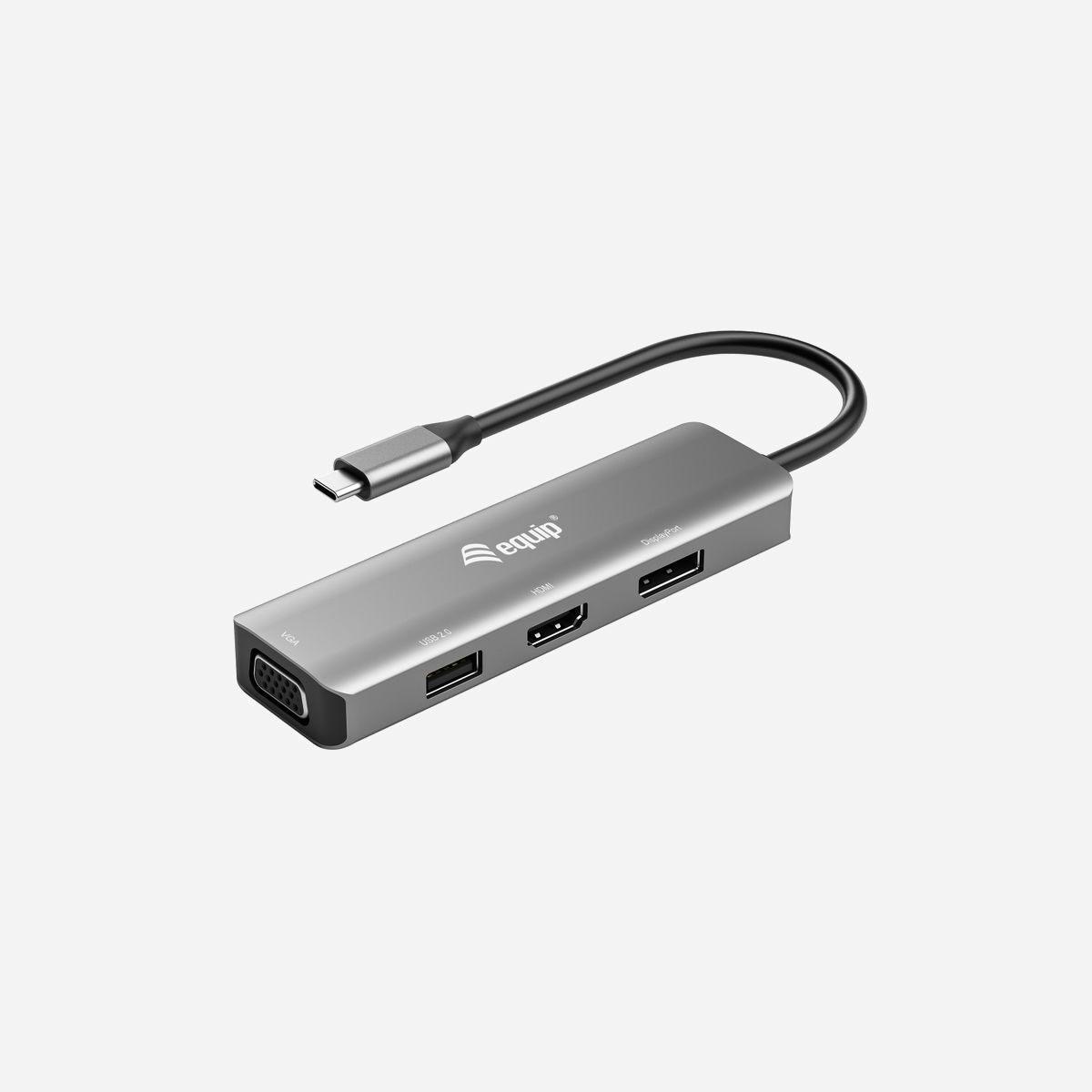 Equip 133485 Adaptateur USB-C vers HDMI/DisplayPort/VGA/USB 2.0 - Résolution 4K (3840x2160) 144Hz - Aluminium - Compatible Windows/macOS/ChromeOS - "L'équipement 133485 est un hub 4-en-1 USB-C vers HDMI/VGA/DisplayPort/port USB 2.0. L'adaptateur offre un moyen facile d'ajouter une télévision HD ou un équipement tel qu'un moniteur ou un projecteur à tout appareil USB-C tel qu'un smartphone, une console de jeu portable, un MacBook, un Chromebook Pixel ou tout autre ordinateur portable similaire de modèle récent doté de ports USB-C. Parfait pour le divertissement à domicile, les présentations au bureau et l'enseignement en classe.<br><br>L'adaptateur offre une solution portable pour connecter un écran HDMI et VGA à votre ordinateur portable ou de bureau USB-C. L'adaptateur vidéo multiport vous permet de refléter ou d'étendre le contenu sur deux moniteurs supplémentaires simultanément (1 x HDMI et 1 x VGA), créant ainsi un poste de travail à double écran"<br>