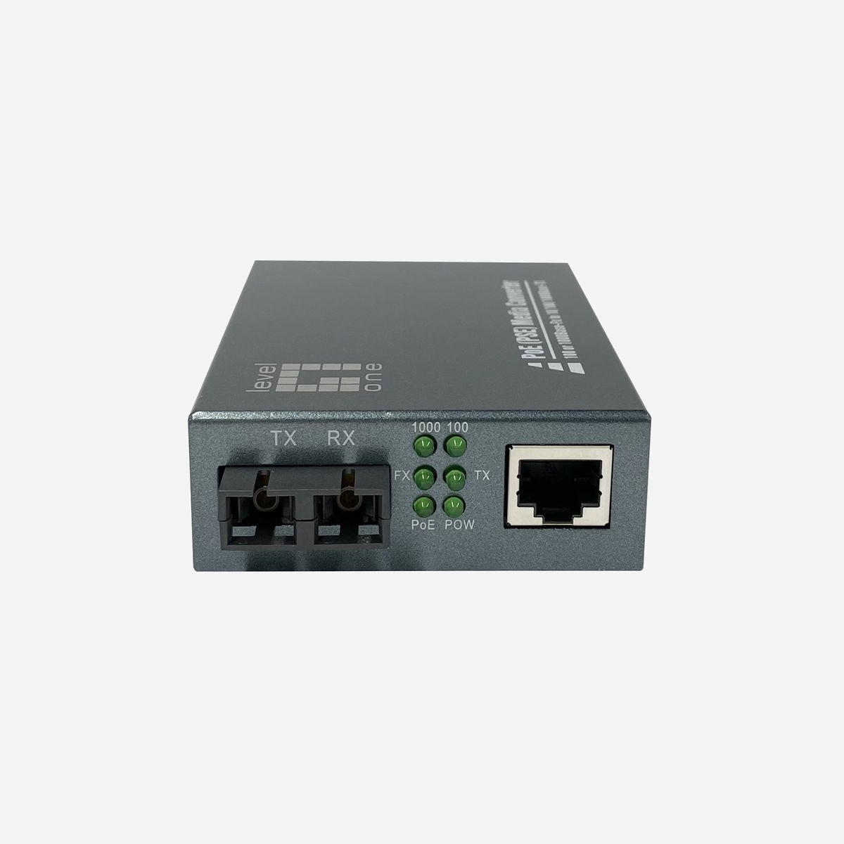 LevelOne GVT-2013 Convertisseur de Média 1000Base-T vers 1000Base-SX, SC Multimode 850nm, portée 500m, PoE 30W, Auto MDI/MDI-X, Jumbo Frames 9000 - LevelOne GVT-2013. Débit de transfert des données maximum: 1000 Mbit/s, Standards réseau: IEEE 802.3, IEEE 802.3ab, IEEE 802.3af, IEEE 802.3at, IEEE 802.3u, IEEE 802.3x, IEEE 802.3z, LAN Ethernet : taux de transfert des données: 10,100,1000 Mbit/s. Distance de transfert maximale: 500 m, Longueur d'onde: 850 nm, Structure du mode de fibre: Multimode. Voyants: Activité, Liaison, Énergie, Couleur du produit: Gris. Connecteur de fibre optique: SC, Technologie de connectivité: Avec fil. Tension d'entrée: 100 - 240 V, Fréquence d'entrée AC: 50 - 60 Hz, Courant d'entrée: 1.6 A