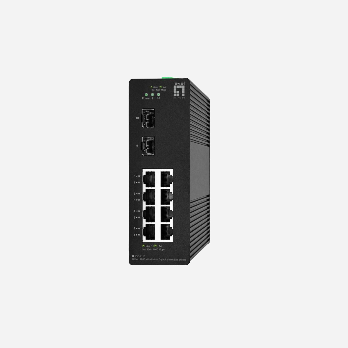 LevelOne IGS-2110 Commutateur Géré L2 Gigabit Ethernet 8 RJ45 + 2 SFP, 20Gbps, QoS, VLAN, Montage Rail DIN, -40°C à 75°C - LevelOne IGS-2110. Type de commutateur: Géré, Banc de commutateurs: L2. Type de port Ethernet RJ-45 de commutation de base: Gigabit Ethernet (10/100/1000), Quantité de ports Ethernet RJ-45 de commutation de base: 8. Full duplex. Répertoire MAC: 4000 entrées, Capacité de commutation: 20 Gbit/s. Standards réseau: IEEE 802.1D, IEEE 802.1Q, IEEE 802.1p, IEEE 802.1w, IEEE 802.3, IEEE 802.3ab, IEEE 802.3az, IEEE.... Voltage d'entrée DC: 12 - 57 V