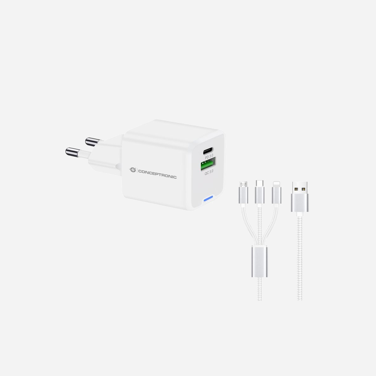Conceptronic ALTHEA16W Chargeur Secteur Universel 33W, 1x USB-C Power Delivery 3.0/Quick Charge 3.0, 1x USB-A 3.2 Gen 1, Câble 1.5m, Blanc - Conceptronic ALTHEA16W. Type de chargeur: Intérieure, Type de source d'alimentation: Secteur, Compatibilité de chargeur: Universel. Tension d'entrée: 100 - 240 V, Tension de sortie (max): 20 V. Quantité de ports USB de type C: 1, Charge rapide, Dispositifs de protection électrique: Surchauffe, Surcharge, Court-circuit. Longueur de câble: 1,5 m, Couleur du produit: Blanc
