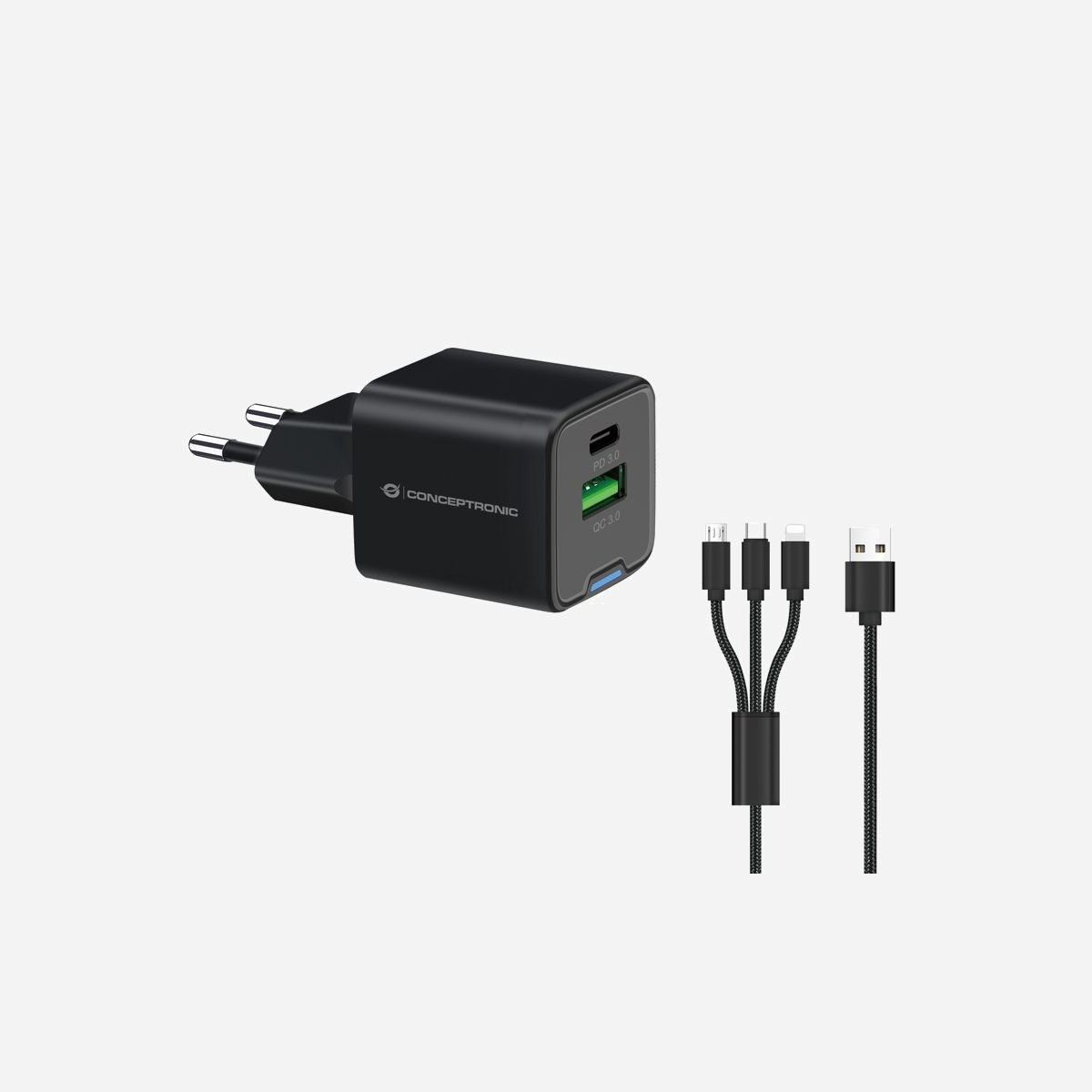 Conceptronic ALTHEA16B Chargeur Secteur Universel 33W, USB-A + USB-C, Power Delivery 3.0 & Quick Charge 3.0, 100-240V, Câble 1.5m, Noir - Conceptronic ALTHEA16B. Type de chargeur: Intérieure, Type de source d'alimentation: Secteur, Compatibilité de chargeur: Universel. Tension d'entrée: 100 - 240 V, Tension de sortie (max): 20 V. Quantité de ports USB de type C: 1, Charge rapide, Dispositifs de protection électrique: Surchauffe, Surcharge, Court-circuit. Longueur de câble: 1,5 m, Couleur du produit: Noir