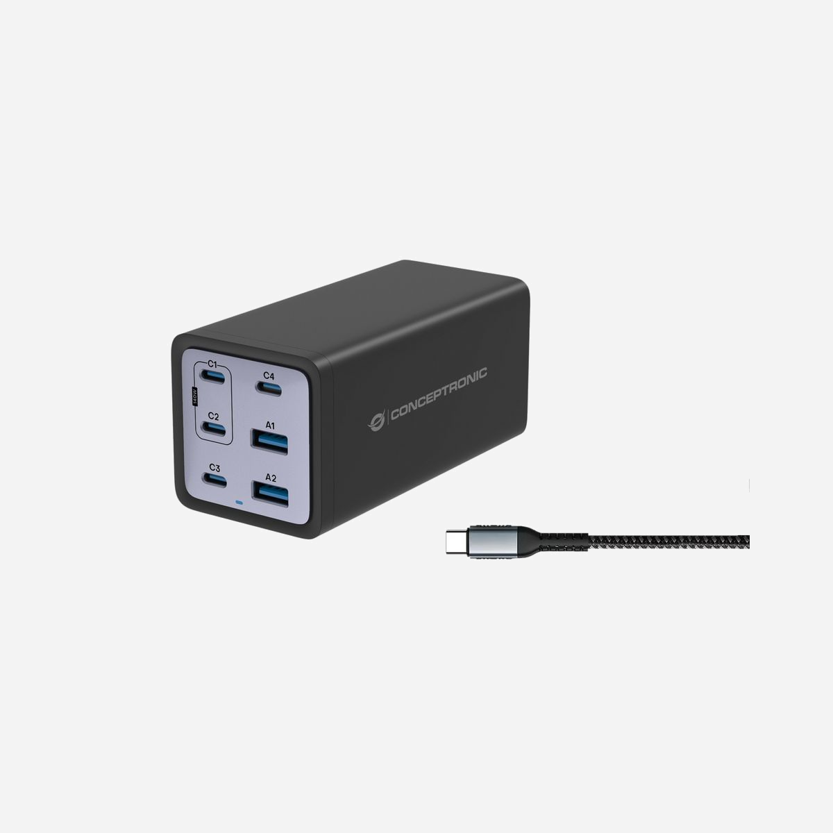 Conceptronic OZUL06BE Chargeur Secteur Universel 200W, 6 Ports (4x USB-C Power Delivery 140W max, 2x USB-A Quick Charge 3.0), GaN, Protections Multiples - Conceptronic OZUL06BE. Type de chargeur: Intérieure, Type de source d'alimentation: Secteur, Compatibilité de chargeur: Universel. Tension d'entrée: 100 - 240 V, Tension de sortie (max): 55 V. Quantité de ports USB de type C: 4, Charge rapide, Dispositifs de protection électrique: Surchauffe, Surcharge, Court-circuit. Couleur du produit: Noir