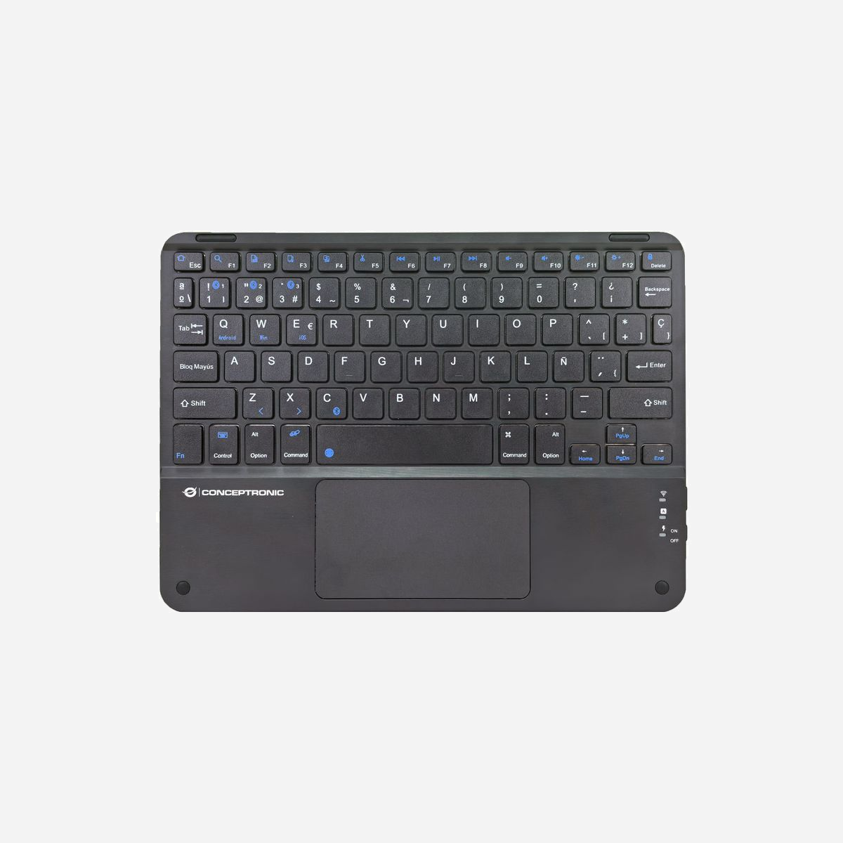 Conceptronic TOBIN01BES Clavier Bluetooth QWERTY Espagnol Noir, Universel, Touchpad Intégré, Bluetooth 5.4, Compatible Windows/Mac/iOS/iPadOS, Batterie Rechargeable, 245x175x6mm, 205g - Conceptronic TOBIN01BES. Facteur de forme du clavier: Sans clé (80 - 87%). Style de clavier: Droit. Technologie de connectivité: Sans fil, Interface de l'appareil: Bluetooth, Disposition des touches du clavier: QWERTY, Utilisation recommandée: Universel. Couleur du produit: Noir