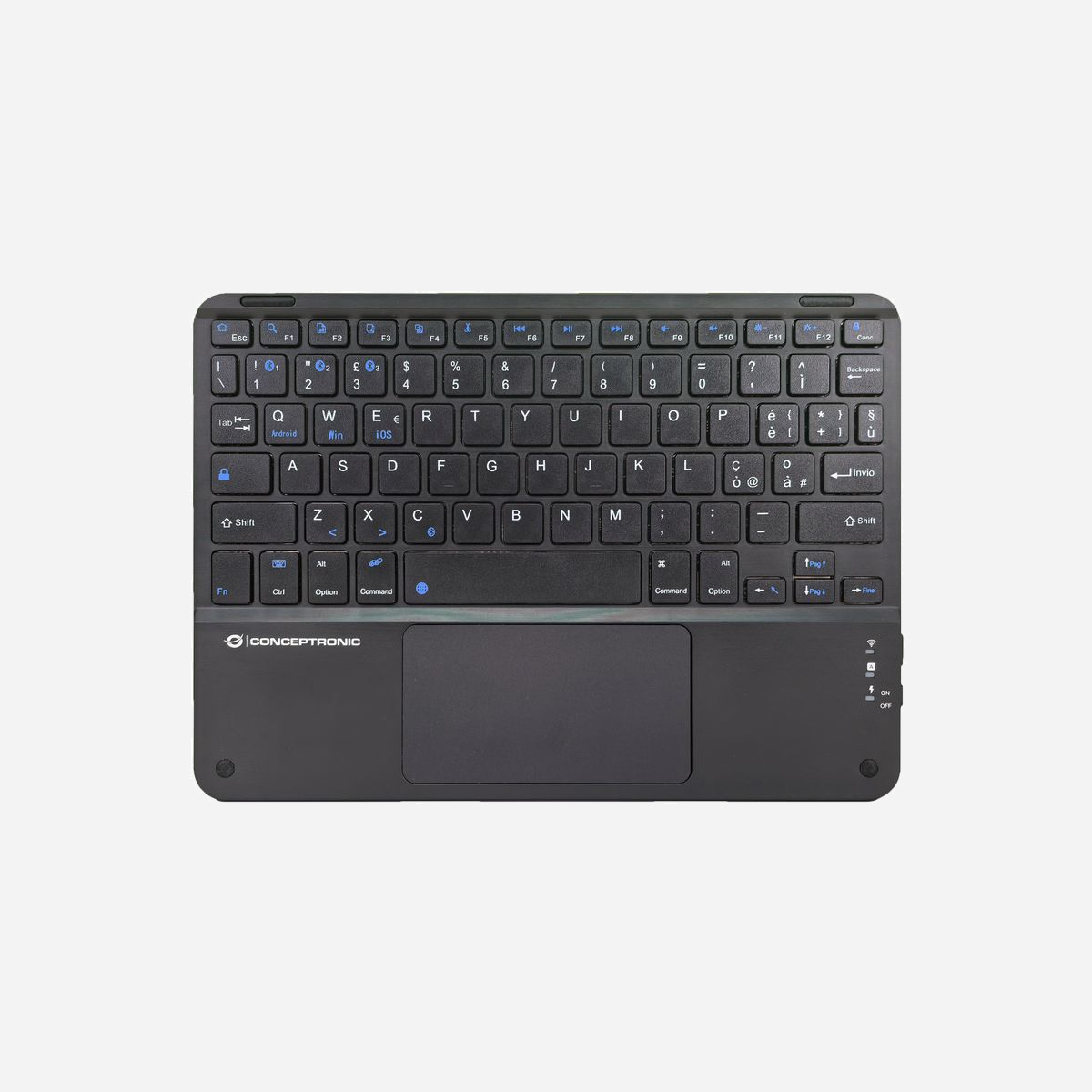 Conceptronic TOBIN01BIT Clavier Bluetooth QWERTY Italien Noir - Compact 80%, Bluetooth 5.4, Pavé Tactile, Compatible Windows/macOS/iOS/iPadOS - Conceptronic TOBIN01BIT. Facteur de forme du clavier: Sans clé (80 - 87%). Style de clavier: Droit. Technologie de connectivité: Sans fil, Interface de l'appareil: Bluetooth, Disposition des touches du clavier: QWERTY, Utilisation recommandée: Universel. Couleur du produit: Noir