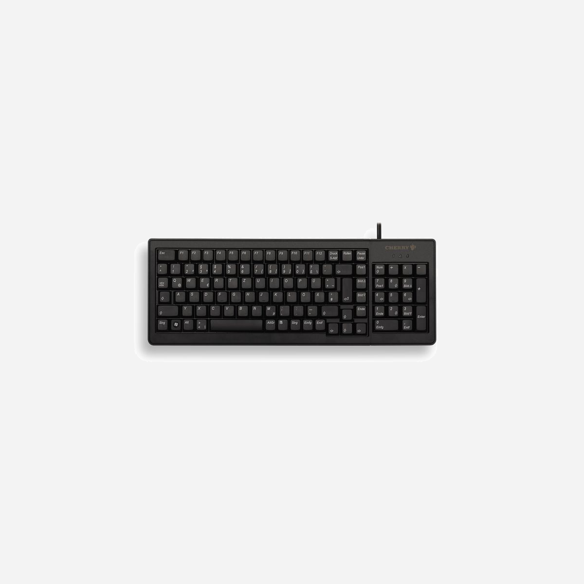 CHERRY G84-5200 Clavier Compact AZERTY FR, USB/PS2, Technologie Cherry ML, 104 touches, 374x139x18mm, Durée de vie 20M frappes, Noir - Le clavier compact "XS Complete" (G84-5200) propose un ensemble de touches complet avec bloc numérique. Il convient ainsi idéalement à toutes les applications dans un espace restreint qui exigent une saisie fréquente de chiffres.<br><br>- Layout complet avec bloc numérique. Idéal pour les applications exigeant une saisie fréquente de chiffres<br>- Haute fiabilité et toucher précis grâce aux touches munies de contacts à barres d'or croisées (technologie Cherry ML)<br>- Idéal pour une utilisation intensive grâce à la grande résistance des touches, dont chacune supporte plus de 20 millions de frappes<br>- Dimensions compactes et conception très basse, idéales quand la place manque ainsi que pour les applications 19"<br>- Dimensions et cotes d'encastrement uniformes de toute la gamme XS - choix du clavier en fonction de l'application<br>- Faible poids - quand chaque gramme compte