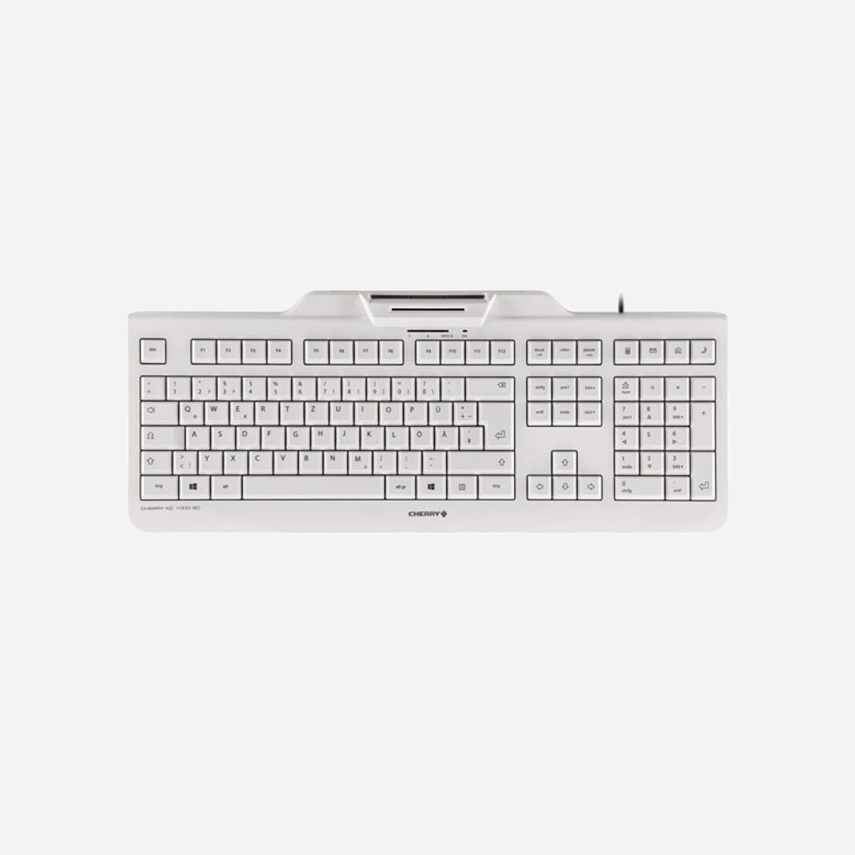 CHERRY KC 1000 SC - Clavier Universel USB AZERTY Belge Blanc - 105 touches, lecteur Smart Card, câble 1.8m, 458x188x46mm, 840g - CHERRY KC 1000 SC. Facteur de forme du clavier: Taille réelle (100 %). Style de clavier: Droit. Technologie de connectivité: Avec fil, Interface de l'appareil: USB, Disposition des touches du clavier: AZERTY, Nombre de touches du clavier: 105. Longueur de câble: 1,8 m. Utilisation recommandée: Universel. Couleur du produit: Blanc