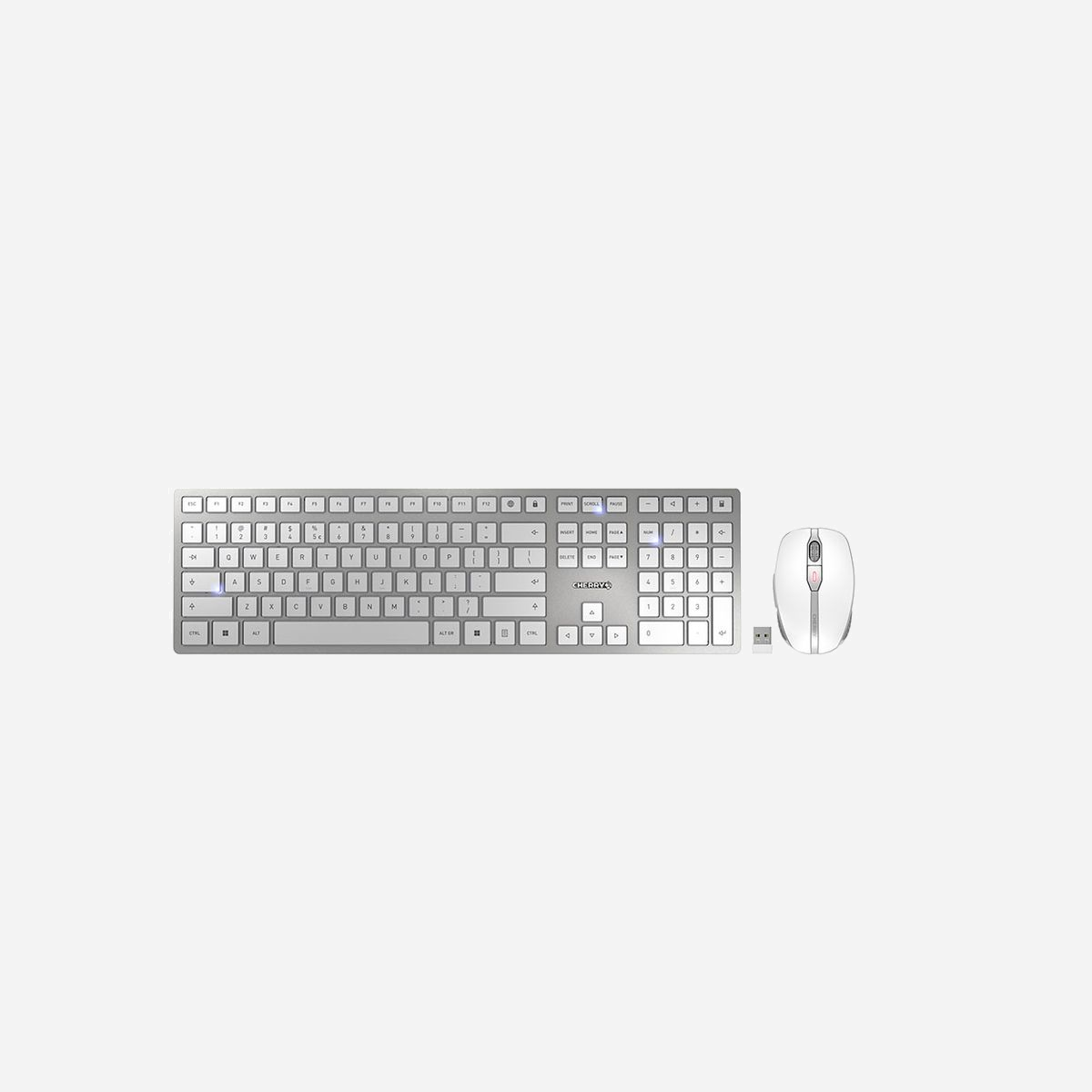 CHERRY DW 9100 SLIM Ensemble Clavier + Souris RF sans fil/Bluetooth QWERTY US 2.4GHz, Résolution 2400 DPI, Batterie 650mAh, Argent - <b>Ensemble design rechargeable avec de nombreuses fonctionnalités</b><br>Conception haut de gamme et design tendance.<br>La souris et le clavier se connectent au choix en Bluetooth ou via le récepteur USB radio 2,4 GHz fourni. Des commutateurs permettent de basculer rapidement entre ces 2 types de connexion. On peut ainsi travailler alternativement en Bluetooth ® sur une tablette et en 2,4 GHz sur un PC par exemple. Dans les deux cas, le transfert est sécurisé AES-128 bits. La portée de 10 mètres est idéale pour les applications multimédia, sur la télévision par<br>exemple.<br><br>Les 2 périphériques sont équipés de batteries lithium rechargeables permettant de travailler durant des semaines et se rechargent grâce au câble USB-C fourni, même durant l’utilisation. Pour une autonomie accrue, des boutons ON/OFF permettent de les désactiver lorsqu’ils ne sont pas utilisés pendant plusieurs heures. <br><br>Résistant et stable, le clavier ultra plat est fourni avec une baguette magnétique à utiliser si vous préférez une position inclinée. Une plaque de métal intégrée permet d’éviter toute flexion du clavier pouvant générer des erreurs de frappe.<br><br>Des mécanismes en ciseaux de qualité à faible course garantissent un toucher optimal. Des LED intégrées aux touches MAJ, NUM et DEFIL indiquent si ces fonctions sont activées. Elles clignotent pour avertir si le niveau de charge de la batterie est bas. Enfin, 6 touches supplémentaires s’avèrent très pratiques : Verrouillage Windows, Navigateur, Volume +, Volume -, Muet ou Calculatrice.<br><br>Assortie au clavier, la souris offre de nombreuses fonctionnalités. Ses côtés en caoutchouc et une forme compacte assurent une prise en main optimale. La résolution se règle par simple pression d’un bouton : 1000, 1600 ou 2400 dpi. Une LED d’état bicolore renseigne en temps réel sur l’état de charge de la batterie, la résolution choisie ou l’état de la connexion. Une molette solide à balayage optique et un logement magnétique pour le récepteur USB sont d’autres détails comblant toutes les attentes.<br><br>Que ce soit en déplacement, au bureau ou à la maison : l’ensemble DW 9100 SLIM vous accompagne partout. Avec, au choix, une connexion Bluetooth® ou radio, vous êtes paré pour toutes les éventualités.