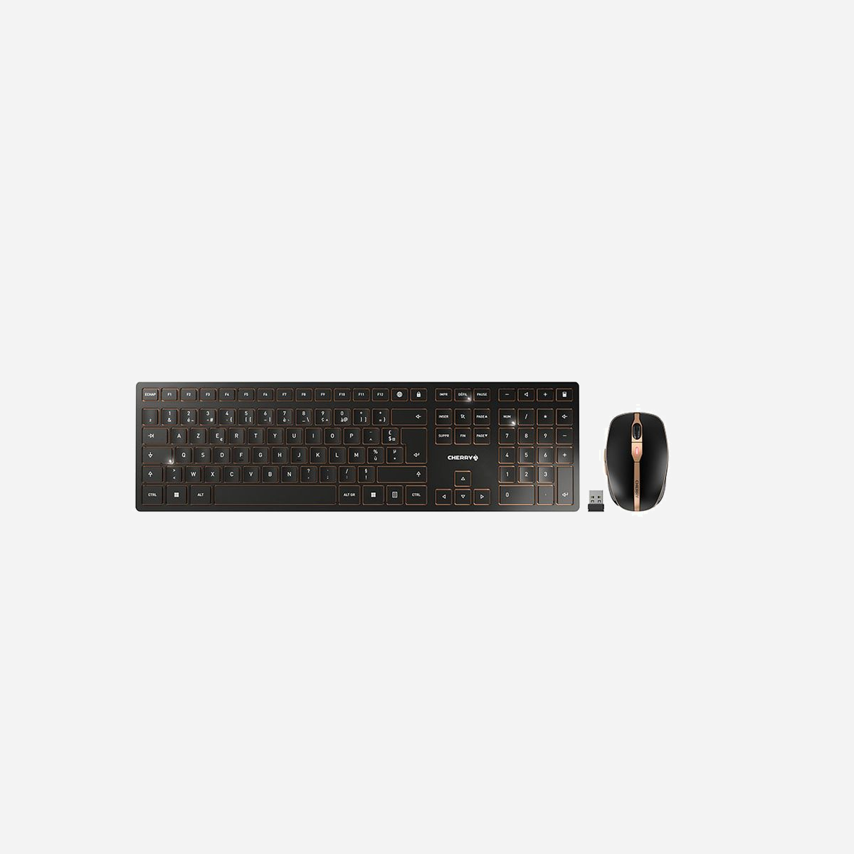 CHERRY DW 9100 SLIM Ensemble Clavier AZERTY FR + Souris, RF sans fil/Bluetooth, Portée 10m, Batterie 650mAh, Résolution Souris 2400 DPI - <b>Ensemble design rechargeable avec de nombreuses fonctionnalités</b><br>Conception haut de gamme et design tendance.<br>La souris et le clavier se connectent au choix en Bluetooth ou via le récepteur USB radio 2,4 GHz fourni. Des commutateurs permettent de basculer rapidement entre ces 2 types de connexion. On peut ainsi travailler alternativement en Bluetooth ® sur une tablette et en 2,4 GHz sur un PC par exemple. Dans les deux cas, le transfert est sécurisé AES-128 bits. La portée de 10 mètres est idéale pour les applications multimédia, sur la télévision par<br>exemple.<br><br>Les 2 périphériques sont équipés de batteries lithium rechargeables permettant de travailler durant des semaines et se rechargent grâce au câble USB-C fourni, même durant l’utilisation. Pour une autonomie accrue, des boutons ON/OFF permettent de les désactiver lorsqu’ils ne sont pas utilisés pendant plusieurs heures. <br><br>Résistant et stable, le clavier ultra plat est fourni avec une baguette magnétique à utiliser si vous préférez une position inclinée. Une plaque de métal intégrée permet d’éviter toute flexion du clavier pouvant générer des erreurs de frappe.<br><br>Des mécanismes en ciseaux de qualité à faible course garantissent un toucher optimal. Des LED intégrées aux touches MAJ, NUM et DEFIL indiquent si ces fonctions sont activées. Elles clignotent pour avertir si le niveau de charge de la batterie est bas. Enfin, 6 touches supplémentaires s’avèrent très pratiques : Verrouillage Windows, Navigateur, Volume +, Volume -, Muet ou Calculatrice.<br><br>Assortie au clavier, la souris offre de nombreuses fonctionnalités. Ses côtés en caoutchouc et une forme compacte assurent une prise en main optimale. La résolution se règle par simple pression d’un bouton : 1000, 1600 ou 2400 dpi. Une LED d’état bicolore renseigne en temps réel sur l’état de charge de la batterie, la résolution choisie ou l’état de la connexion. Une molette solide à balayage optique et un logement magnétique pour le récepteur USB sont d’autres détails comblant toutes les attentes.<br><br>Que ce soit en déplacement, au bureau ou à la maison : l’ensemble DW 9100 SLIM vous accompagne partout. Avec, au choix, une connexion Bluetooth® ou radio, vous êtes paré pour toutes les éventualités.