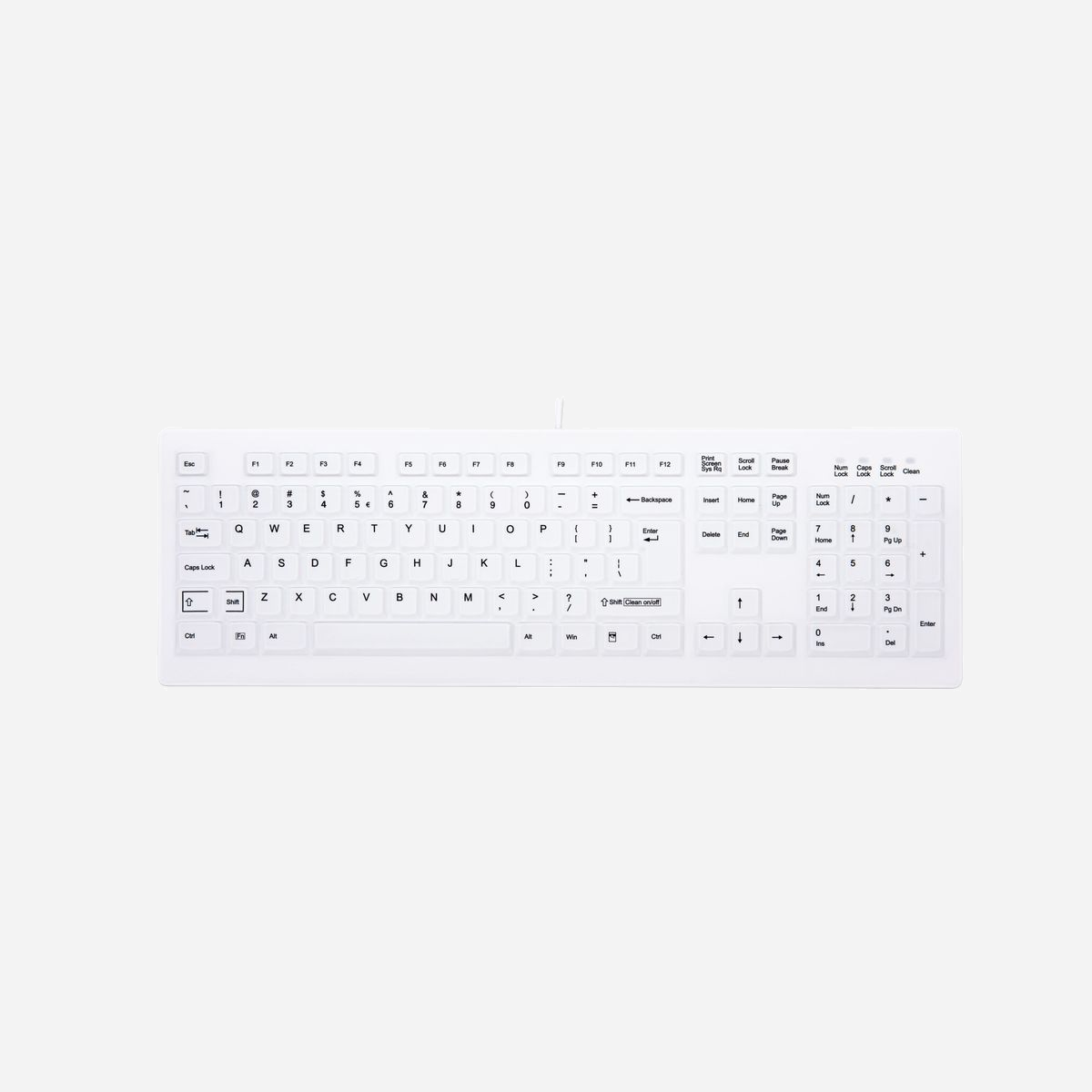 Clavier Médical CHERRY AK-C8100F-U1-W/US USB QWERTY US Membrane 105 touches Blanc, 449x142x26mm, compatible Windows/macOS/Linux, certifications CE/RoHS/FCC - CHERRY AK-C8100F-U1-W/US. Style de clavier: Droit. Technologie de connectivité: Avec fil, Interface de l'appareil: USB, Interrupteur à clé de clavier: Clavier à membrane, Disposition des touches du clavier: QWERTY, Nombre de touches du clavier: 105, Utilisation recommandée: Médical. Couleur du produit: Blanc